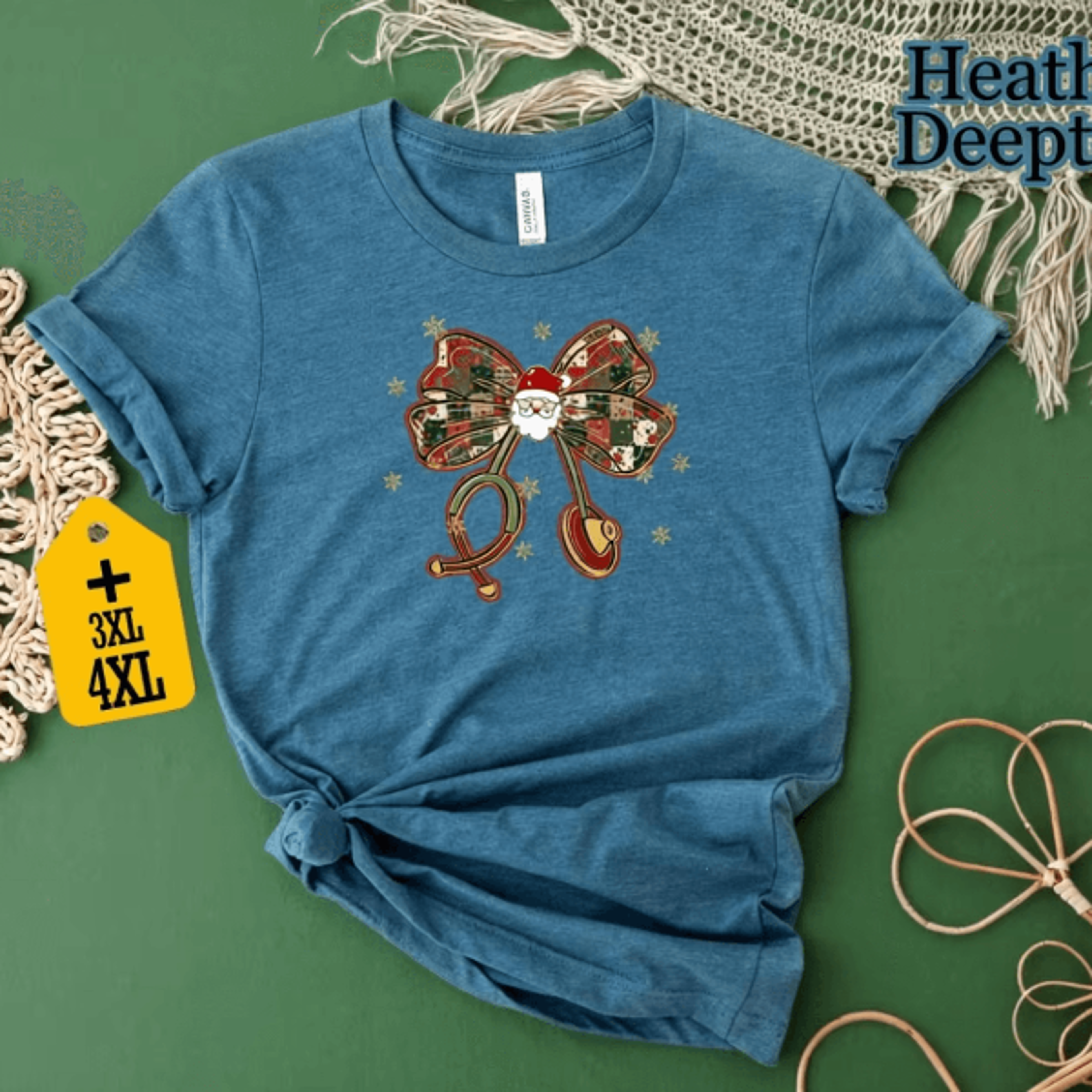 santa bow christmas shirt | retro plaid holiday bells graphic tee for women