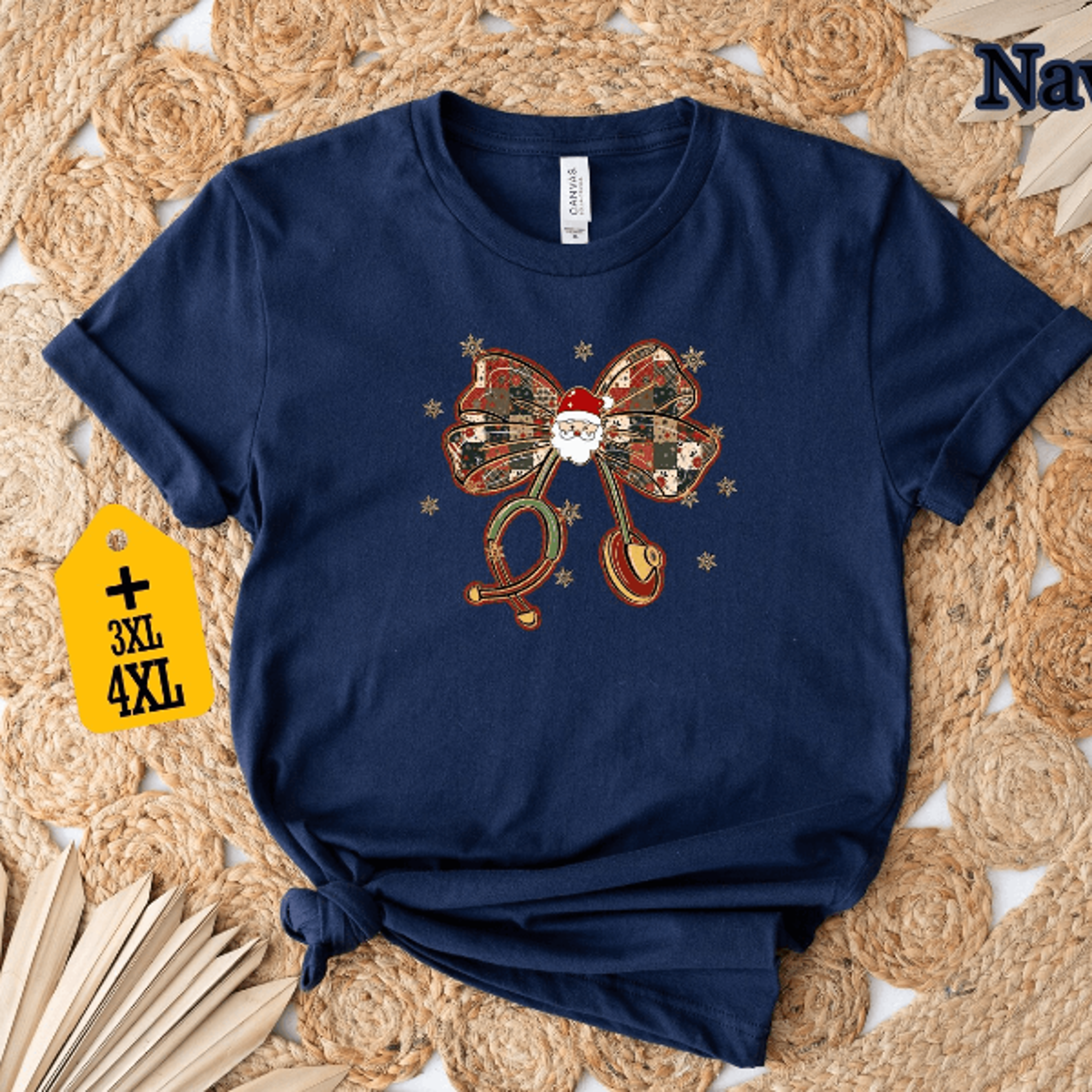 Santa Bow Christmas Shirt  Retro Plaid Holiday Bells Graphic Tee For Women 5