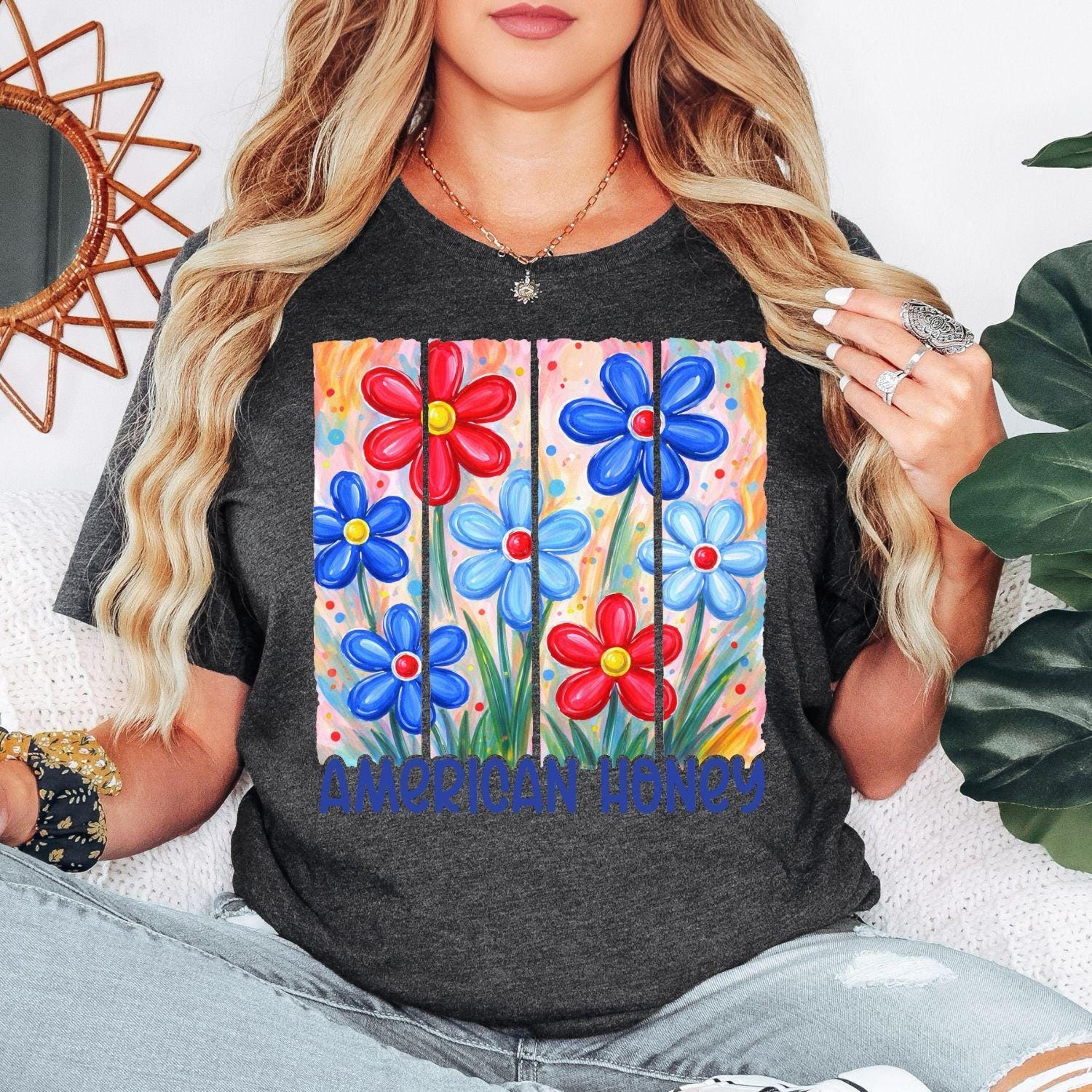 American Honey Shirt  Patriotic Floral Americana Summer Graphic Tee For Women 4