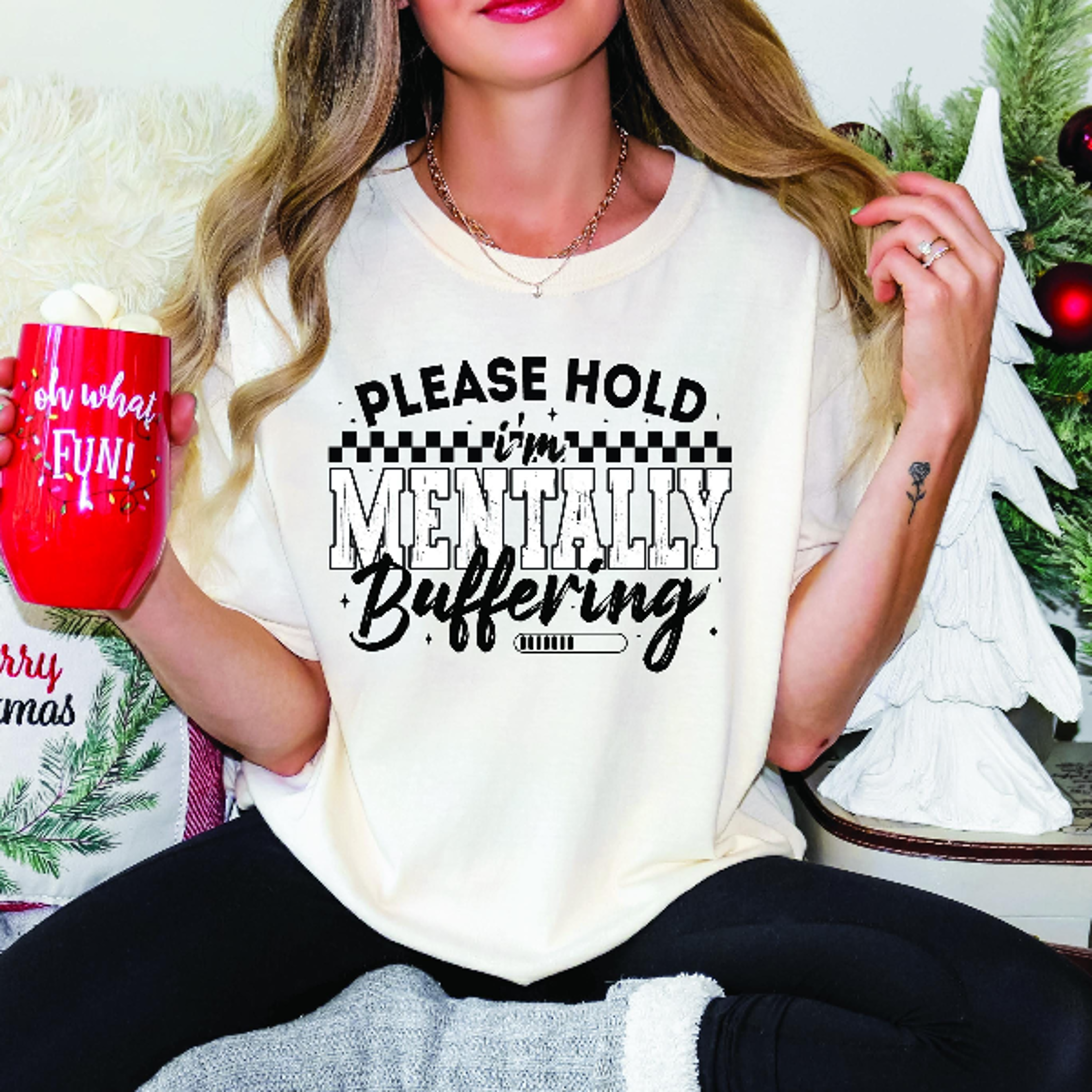 comfort colors funny christmas shirt, please hold i am mentally buffering tee, holiday humor shirt, cozy christmas gift