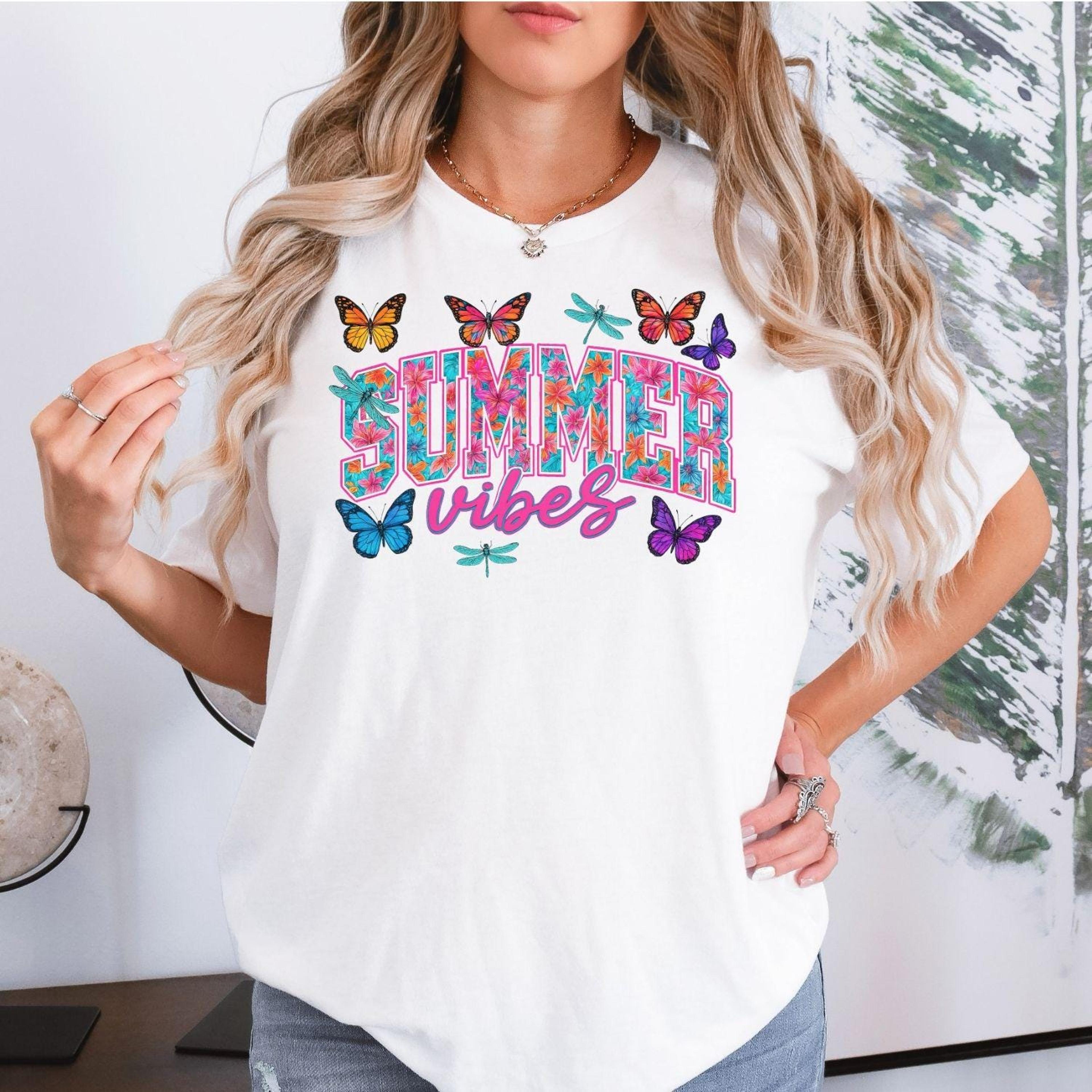 summer vibes butterfly shirt | floral cute aesthetic summer tee for vacation & beach days