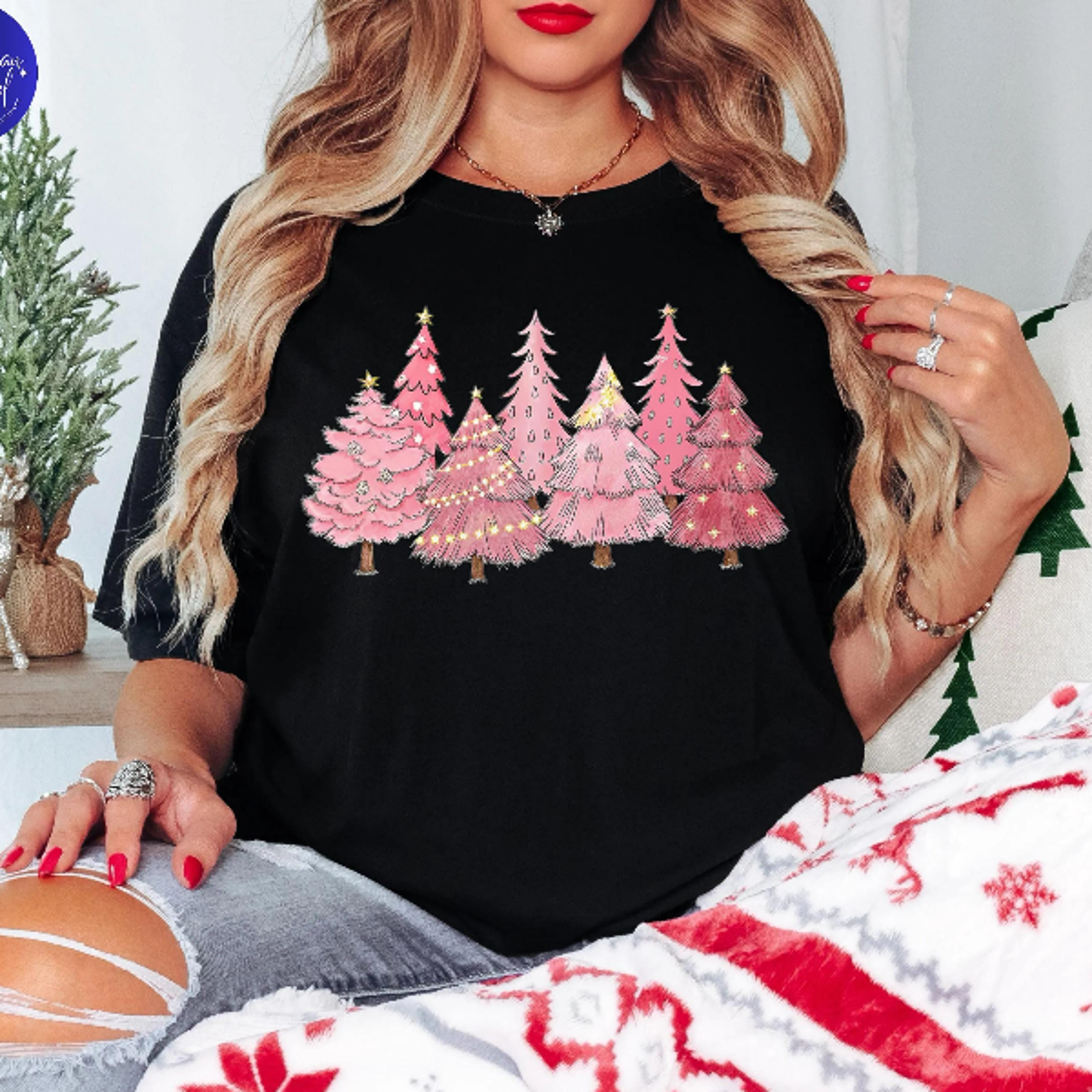 comfort colors pink christmas tree shirt – cute pink holiday tree tee for women