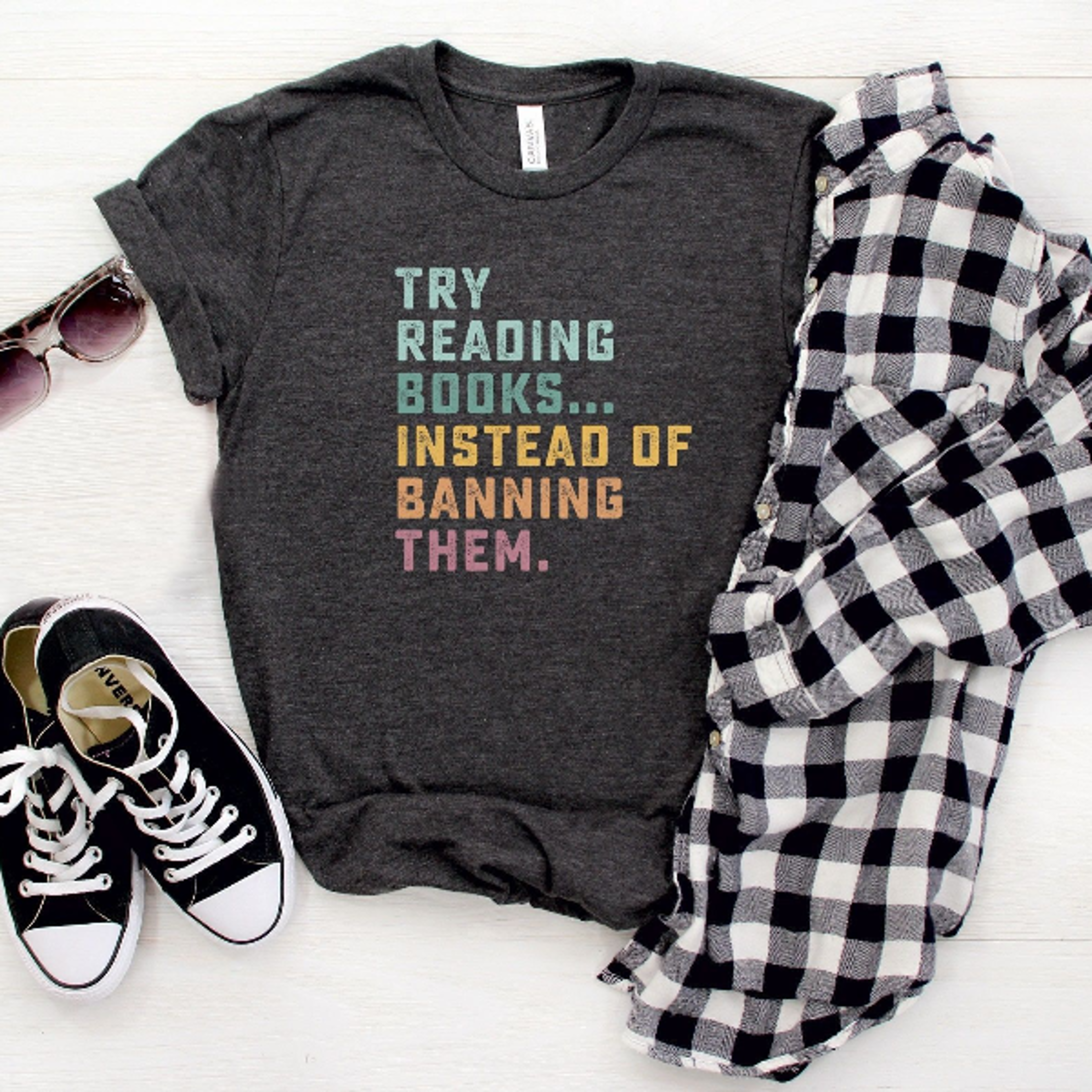 try reading books instead of banning them shirt – book lover reading tee, librarian & banned books graphic shirt