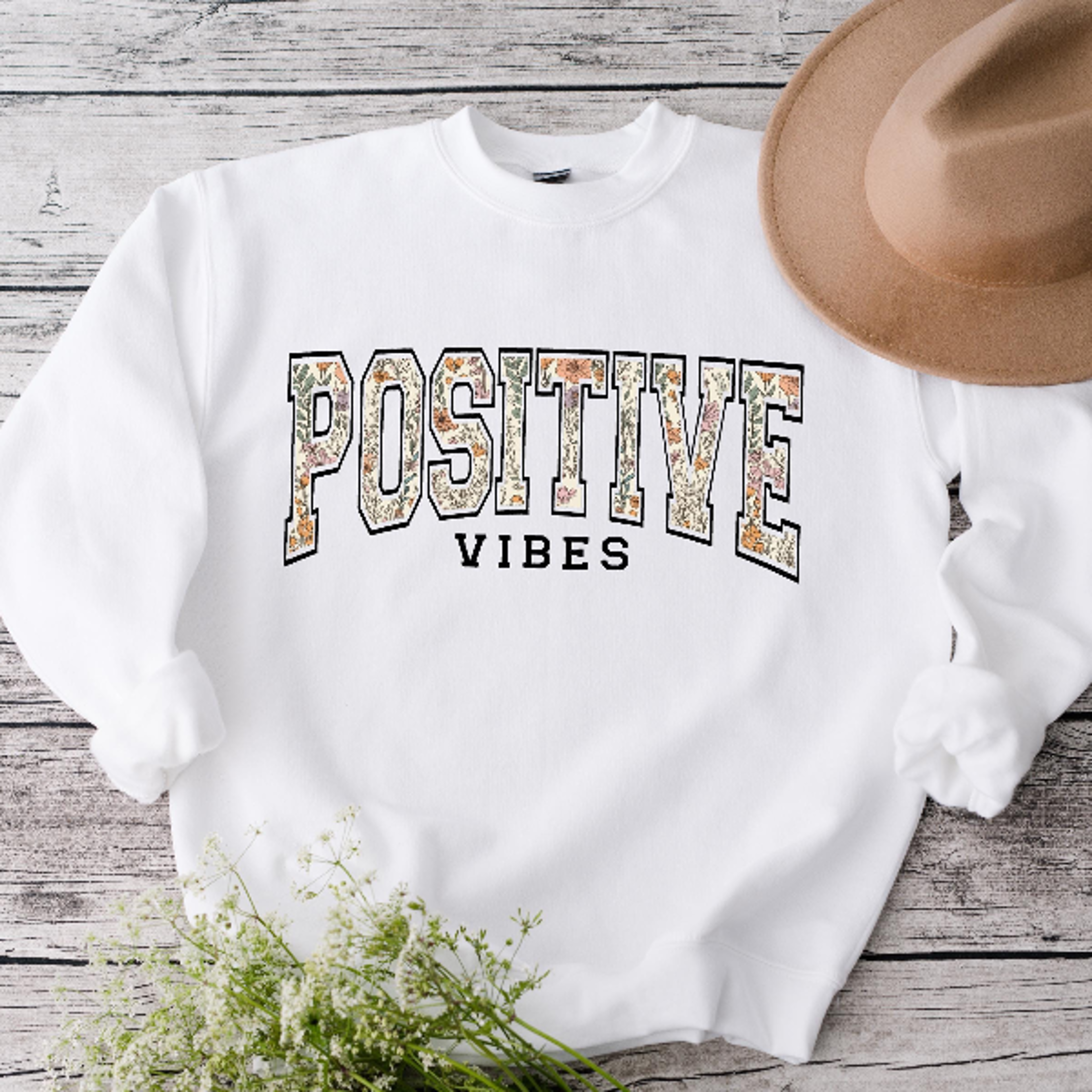 Positive Vibes Sweatshirt  Cozy Inspirational Floral Lettering Pullover For Women Self Love Quote C 
