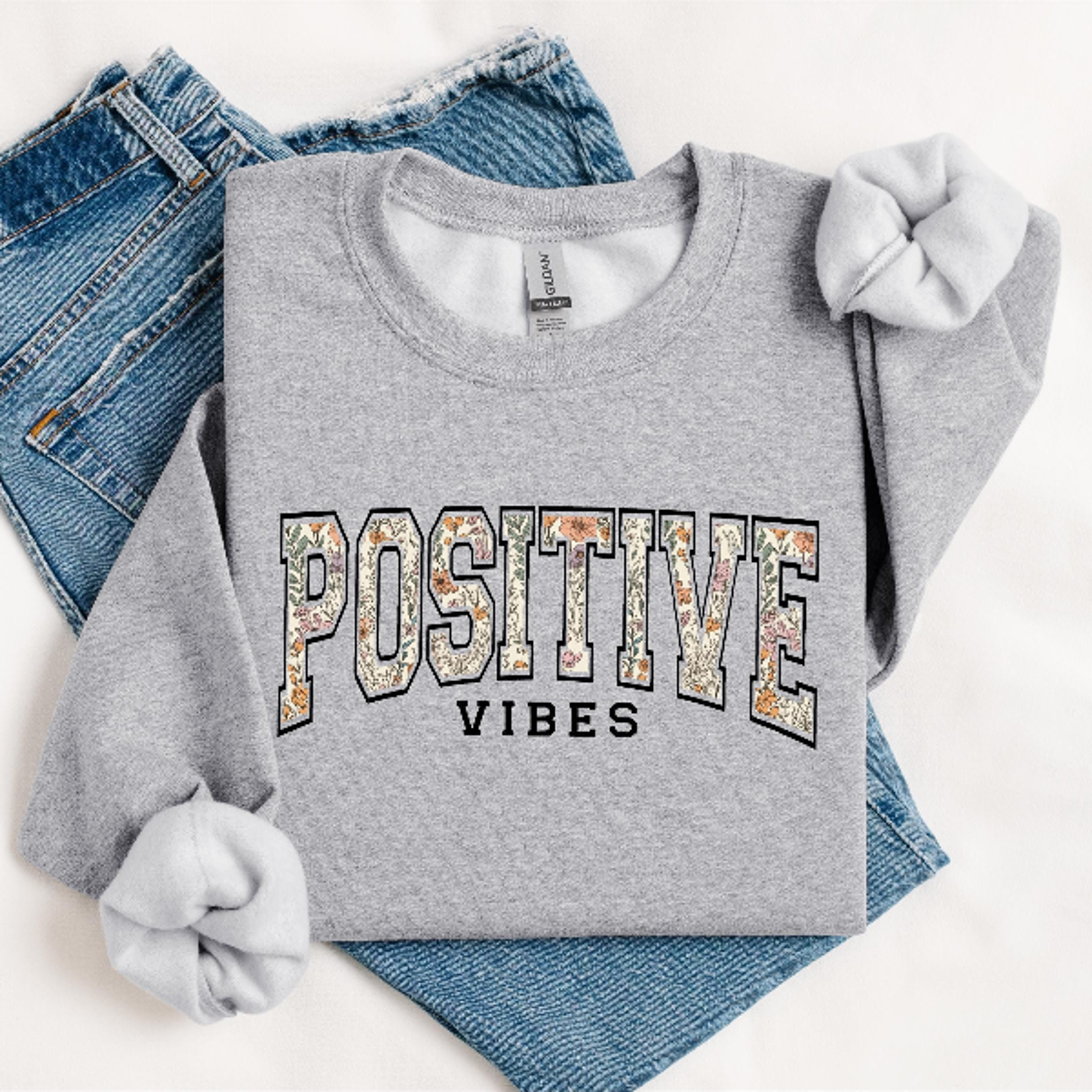 Positive Vibes Sweatshirt  Cozy Inspirational Floral Lettering Pullover For Women Self Love Quote C 