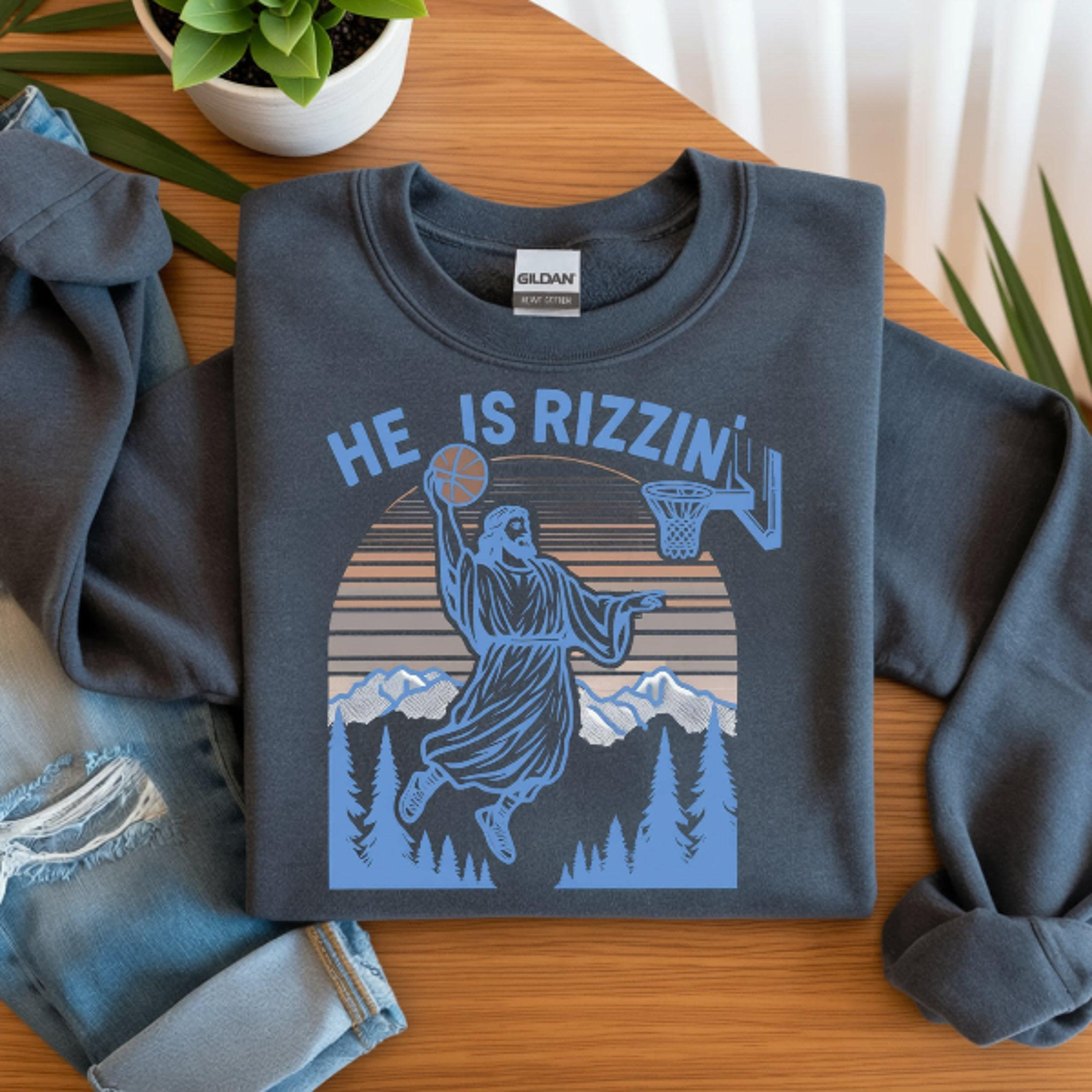 he is rizzin basketball sweatshirt – funny jesus meme streetwear crewneck, viral faith basketball graphic pullover