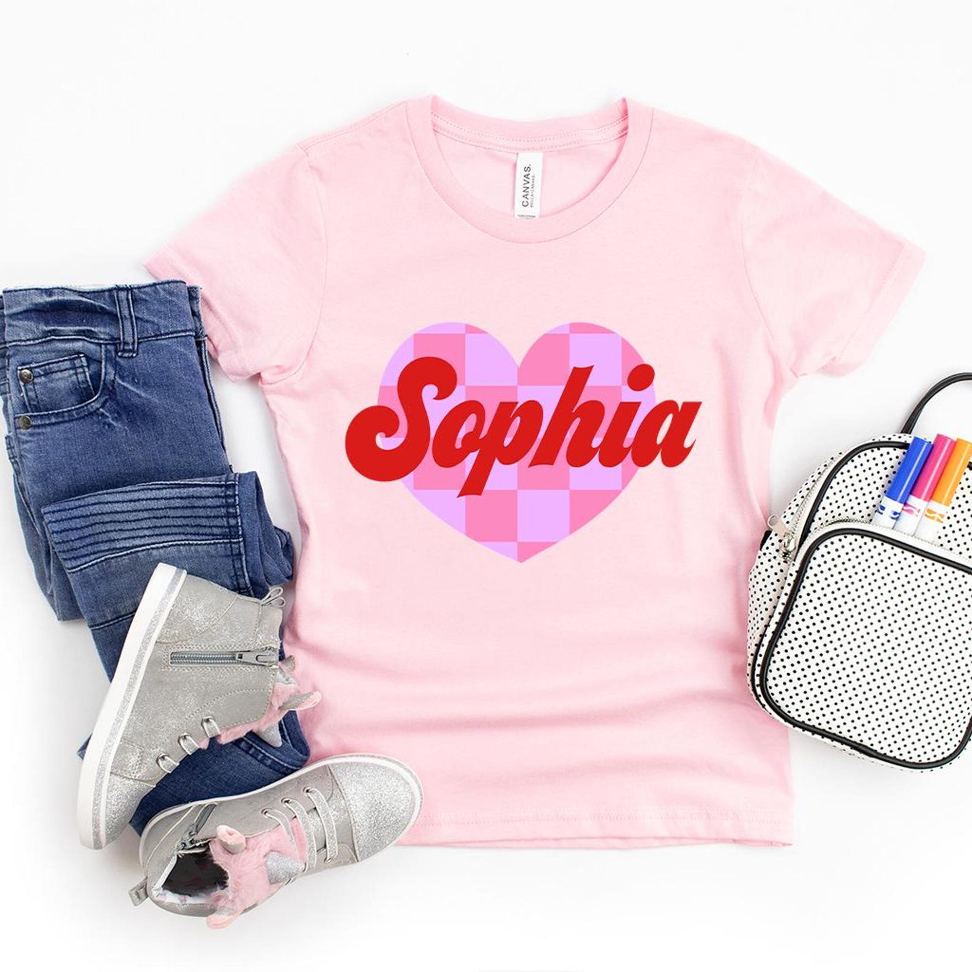 personalized valentines day kids tee | retro love heart custom name shirt for children