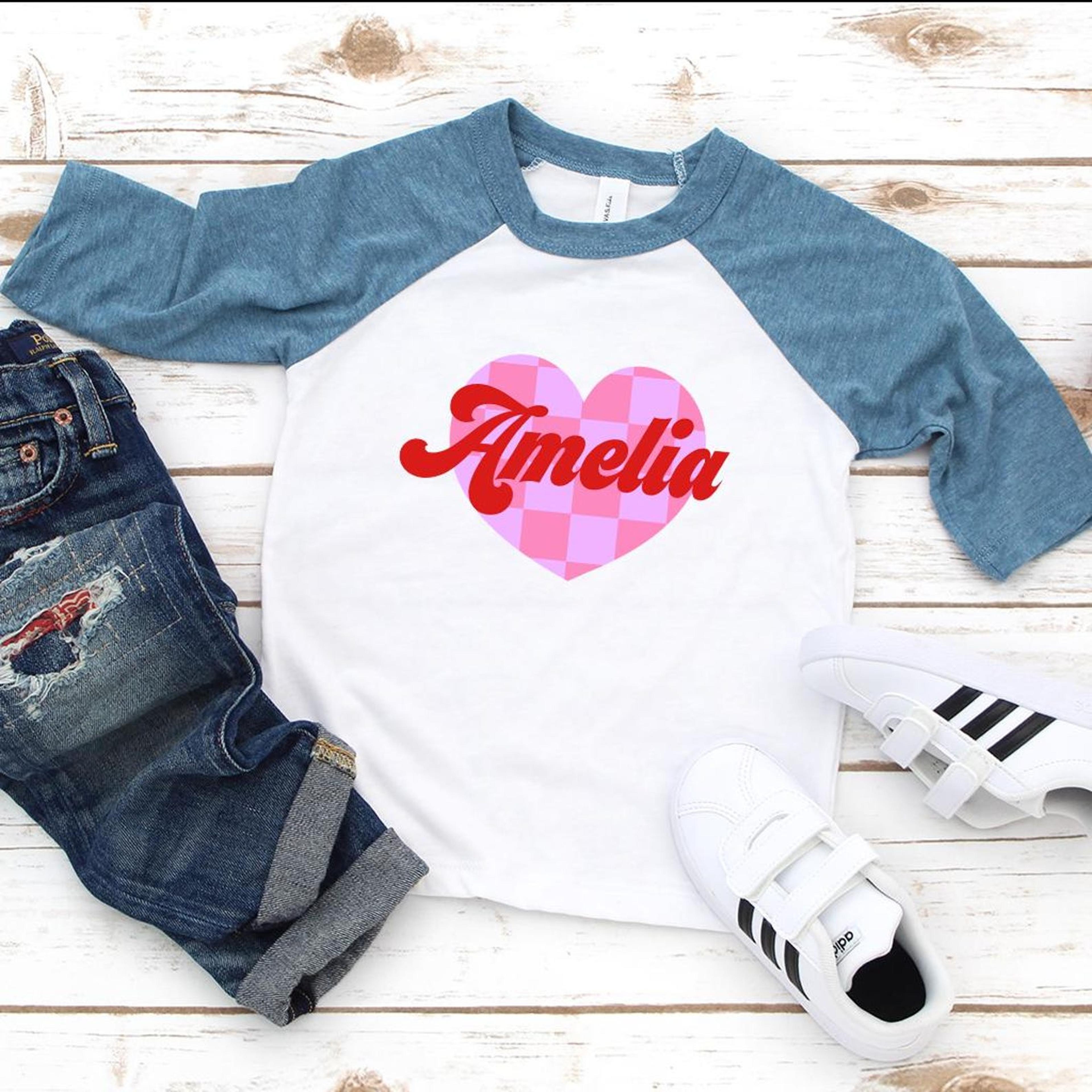 Personalized Valentines Day Kids Tee  Retro Love Heart Custom Name Shirt For Children 1
