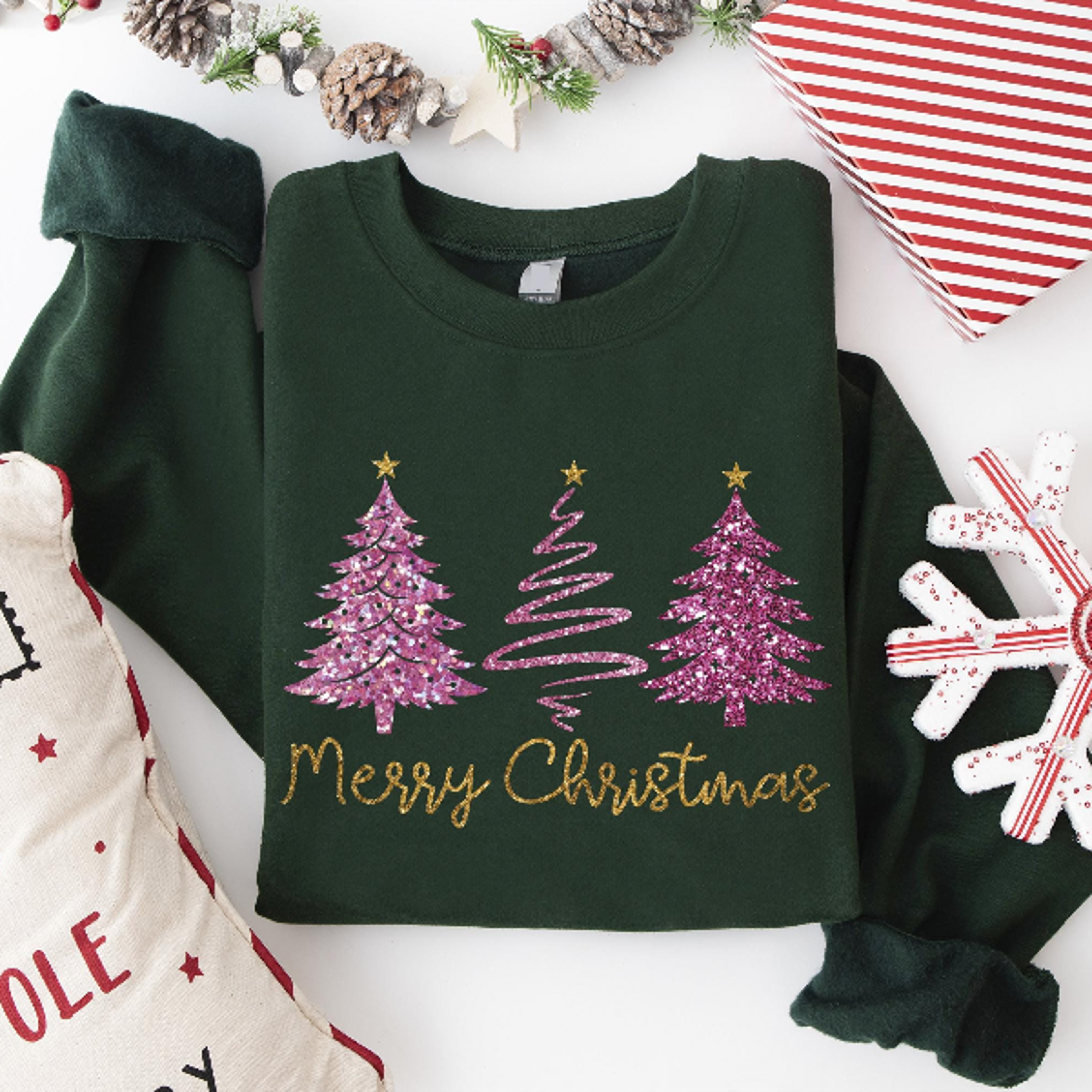 faux glitter merry christmas tree sweatshirt | pink sparkly xmas crewneck women aesthetic holiday pullover