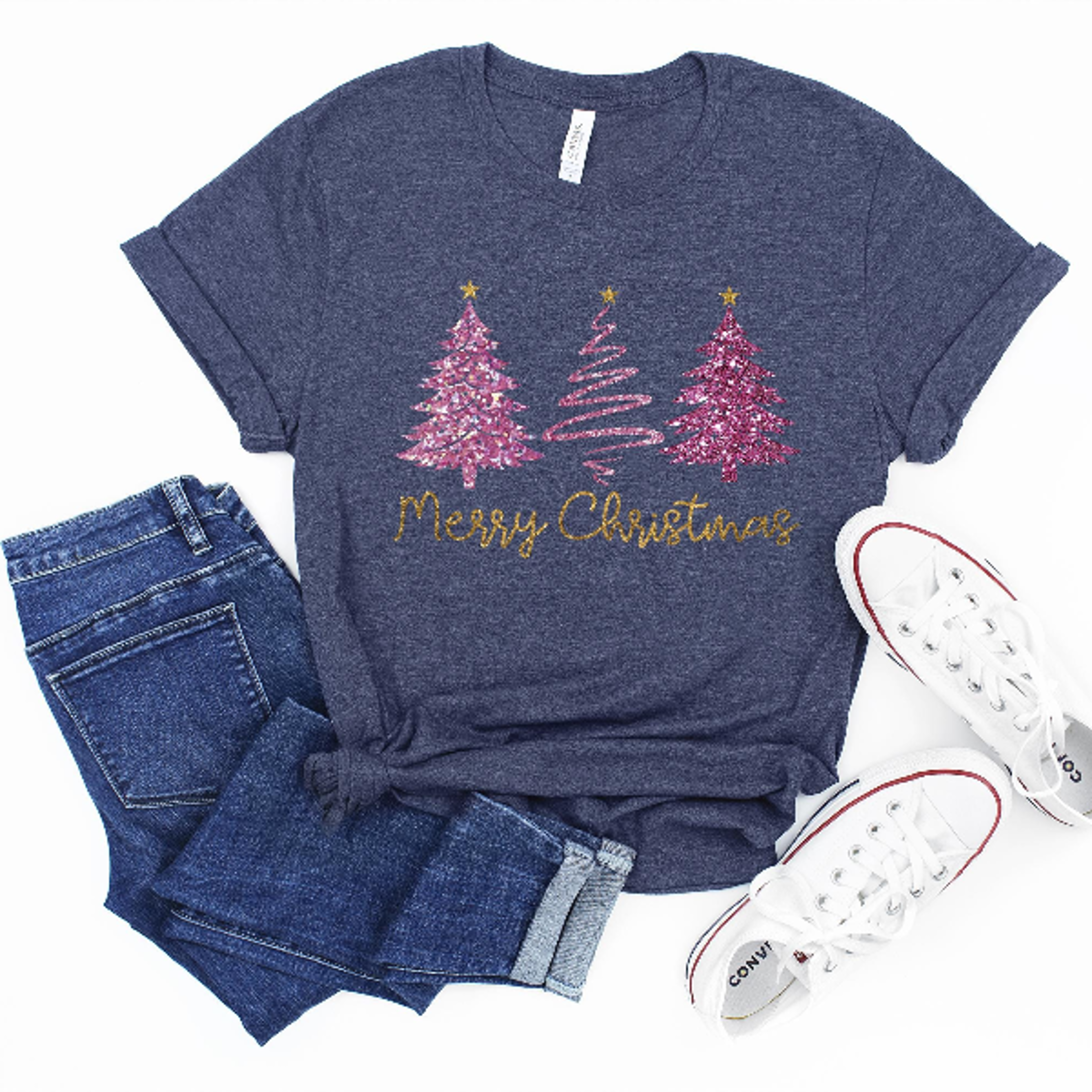 Faux Glitter Merry Christmas Tree Sweatshirt  Pink Sparkly Xmas Crewneck Women Aesthetic Holiday Pu 