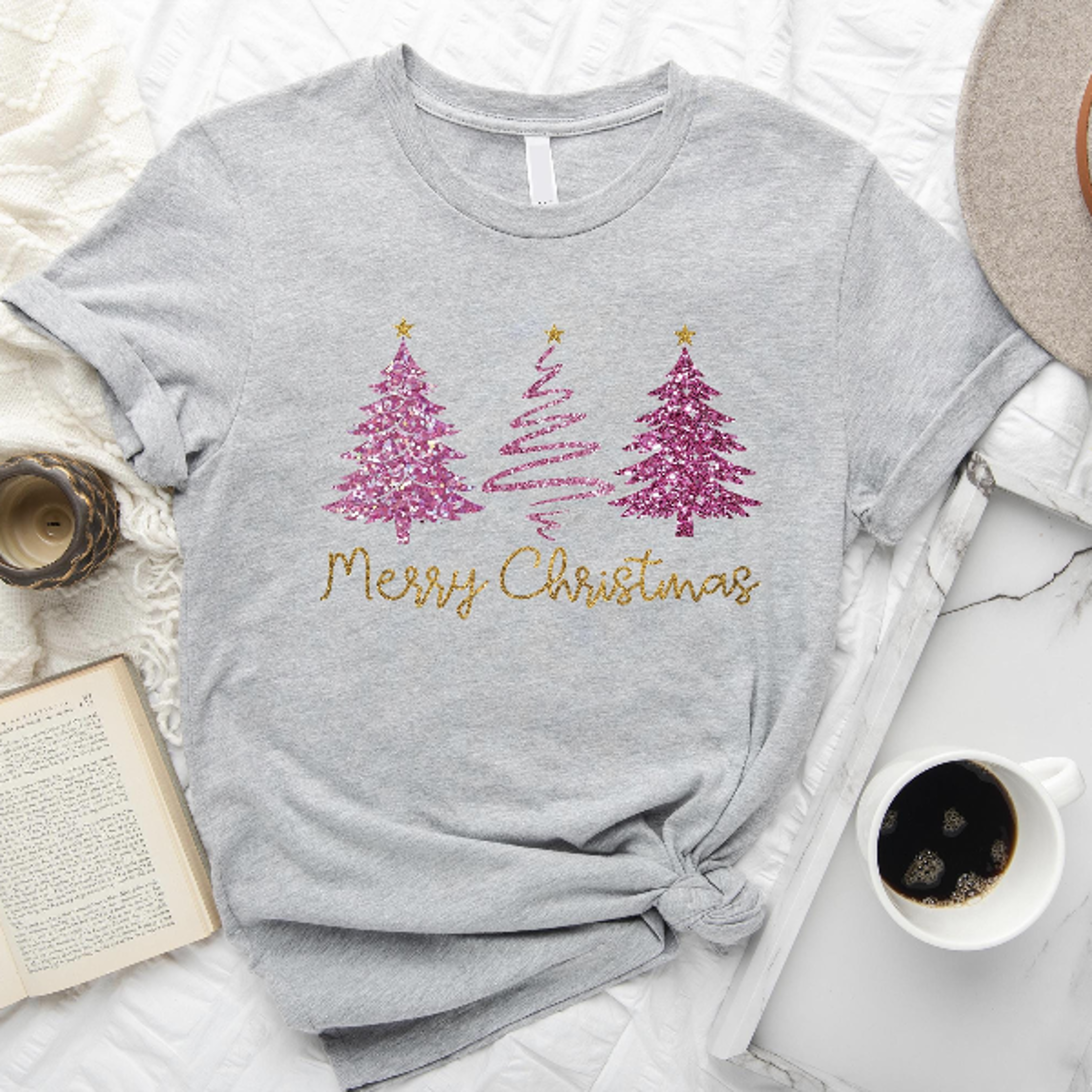 Faux Glitter Merry Christmas Tree Sweatshirt  Pink Sparkly Xmas Crewneck Women Aesthetic Holiday Pu 