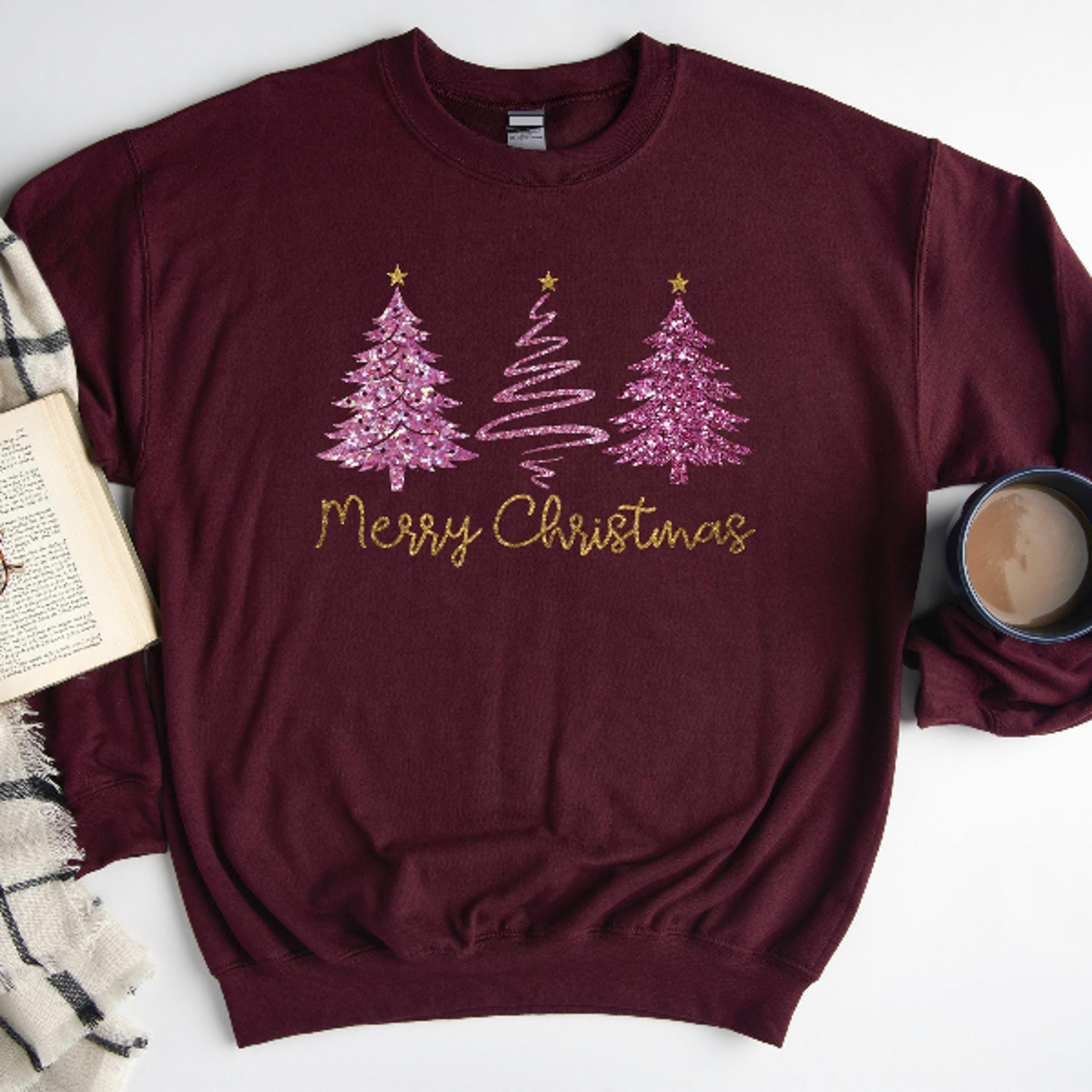 Faux Glitter Merry Christmas Tree Sweatshirt  Pink Sparkly Xmas Crewneck Women Aesthetic Holiday Pu 