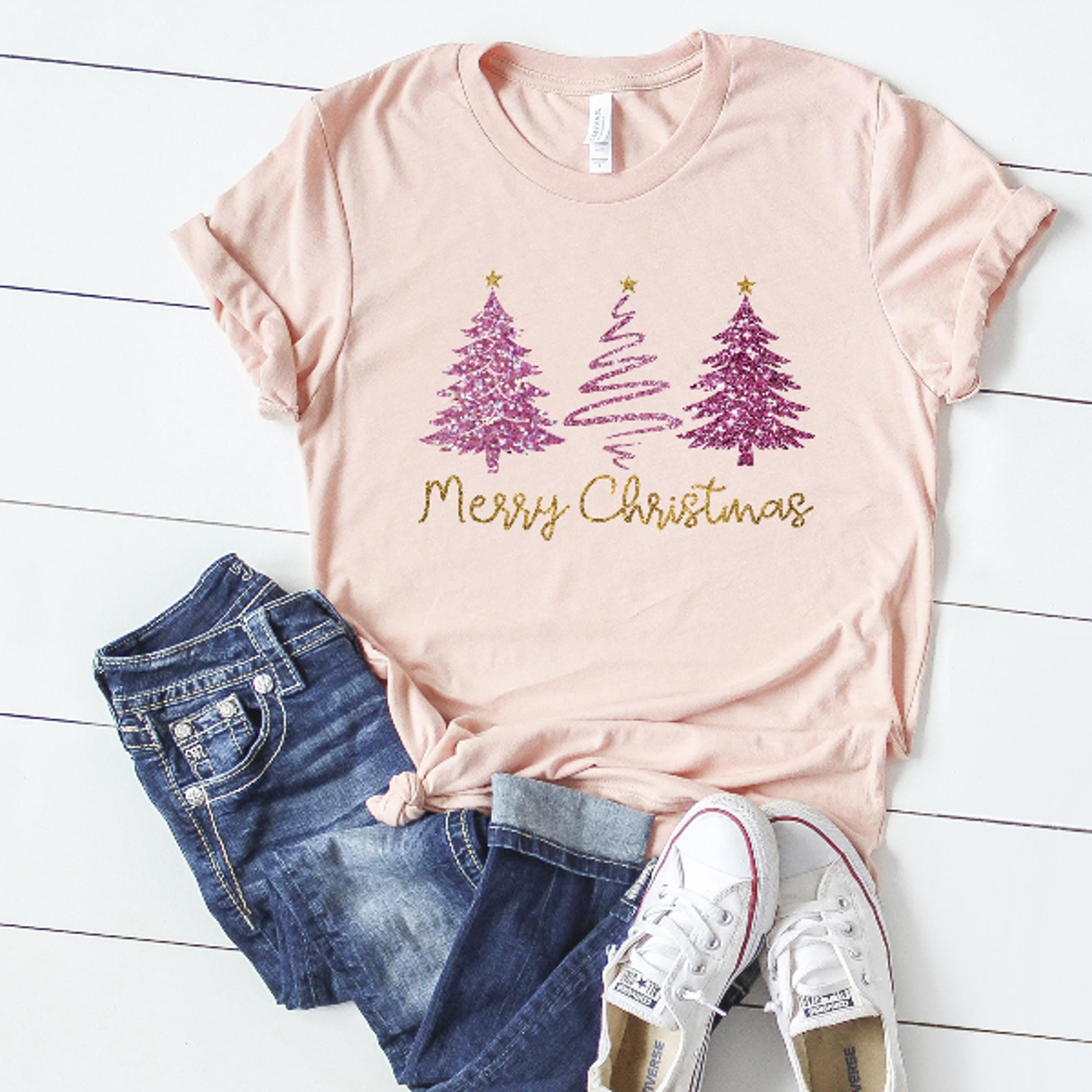 Faux Glitter Merry Christmas Tree Sweatshirt  Pink Sparkly Xmas Crewneck Women Aesthetic Holiday Pu 