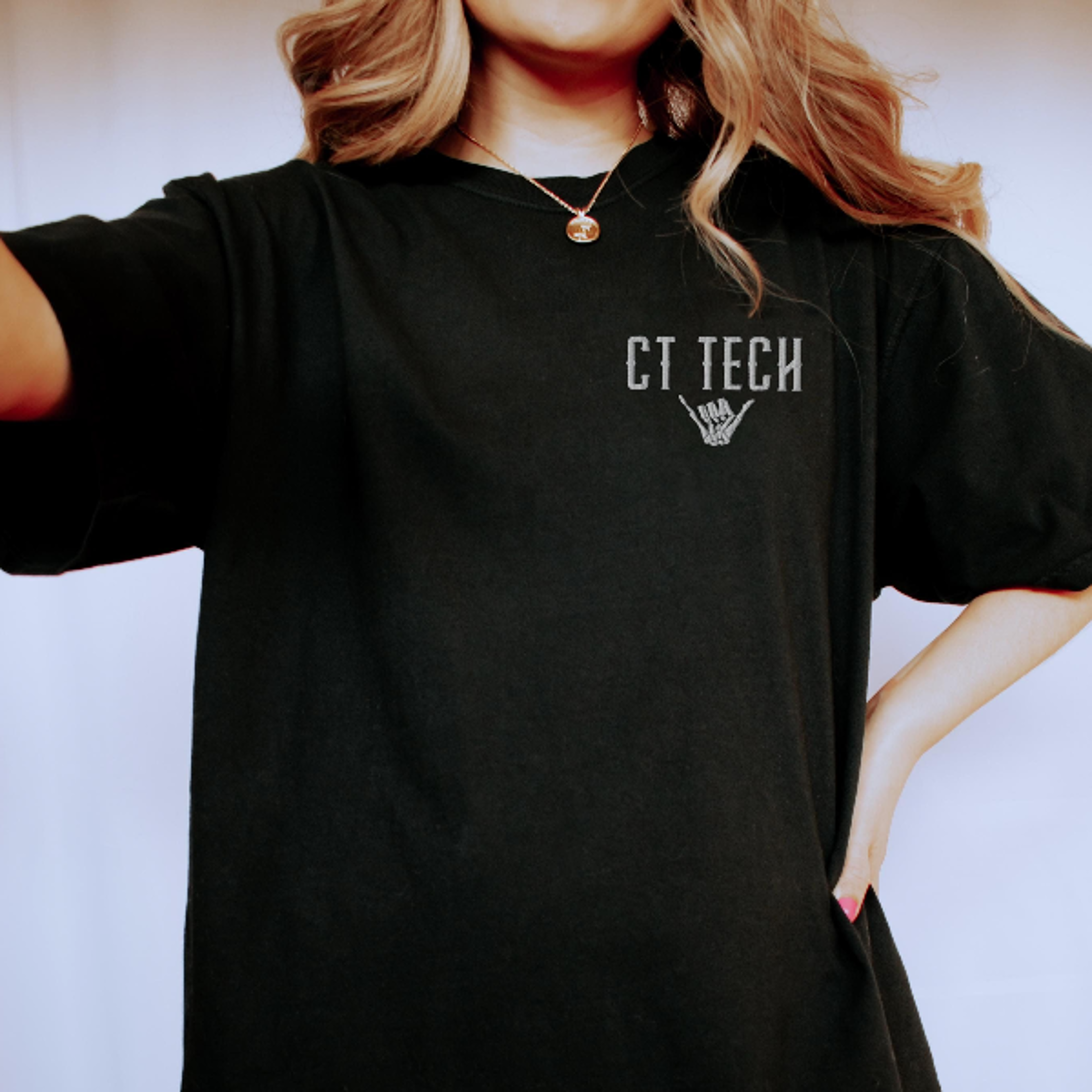 ct tech embroidered comfort colors shirt radiology technologist skeleton hand x-ray graphic tee