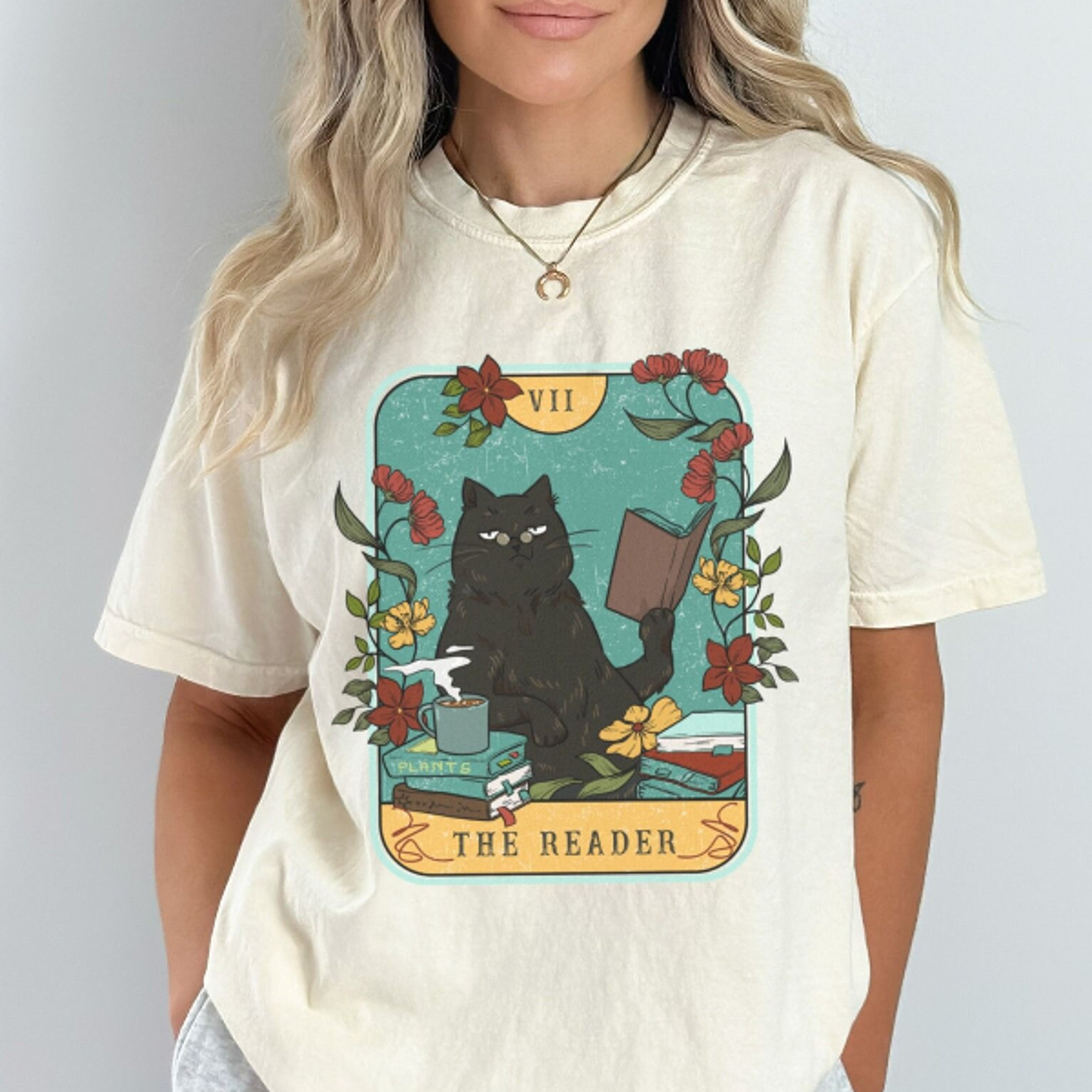 the reader black cat tarot card vintage vibe graphic tee aesthetic book lover shirt