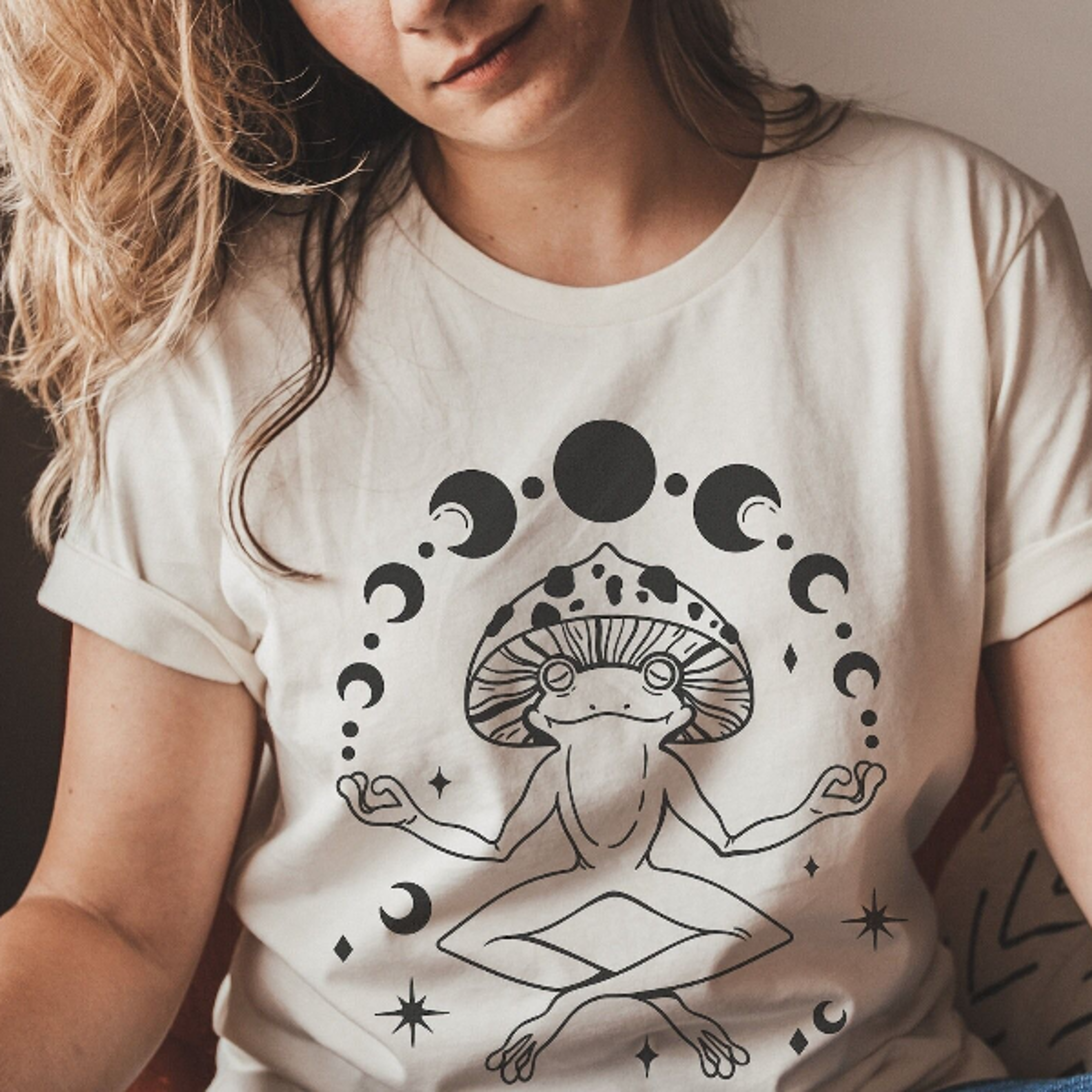 celestial frog graphic tee mystical mushroom cottagecore aesthetic shirt
