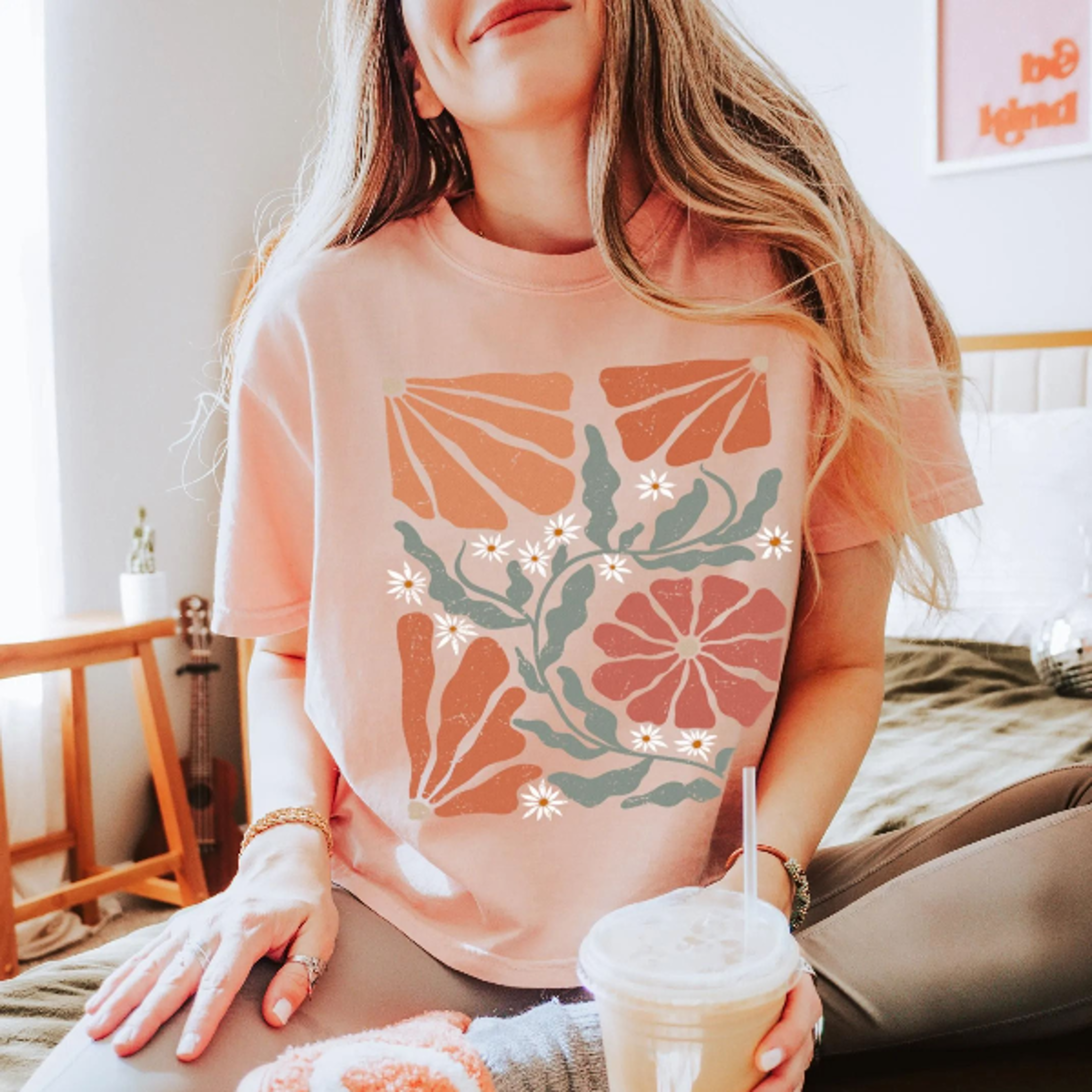 retro flowers shirt, artsy wavy floral comfort colors boxy crop graphic tee