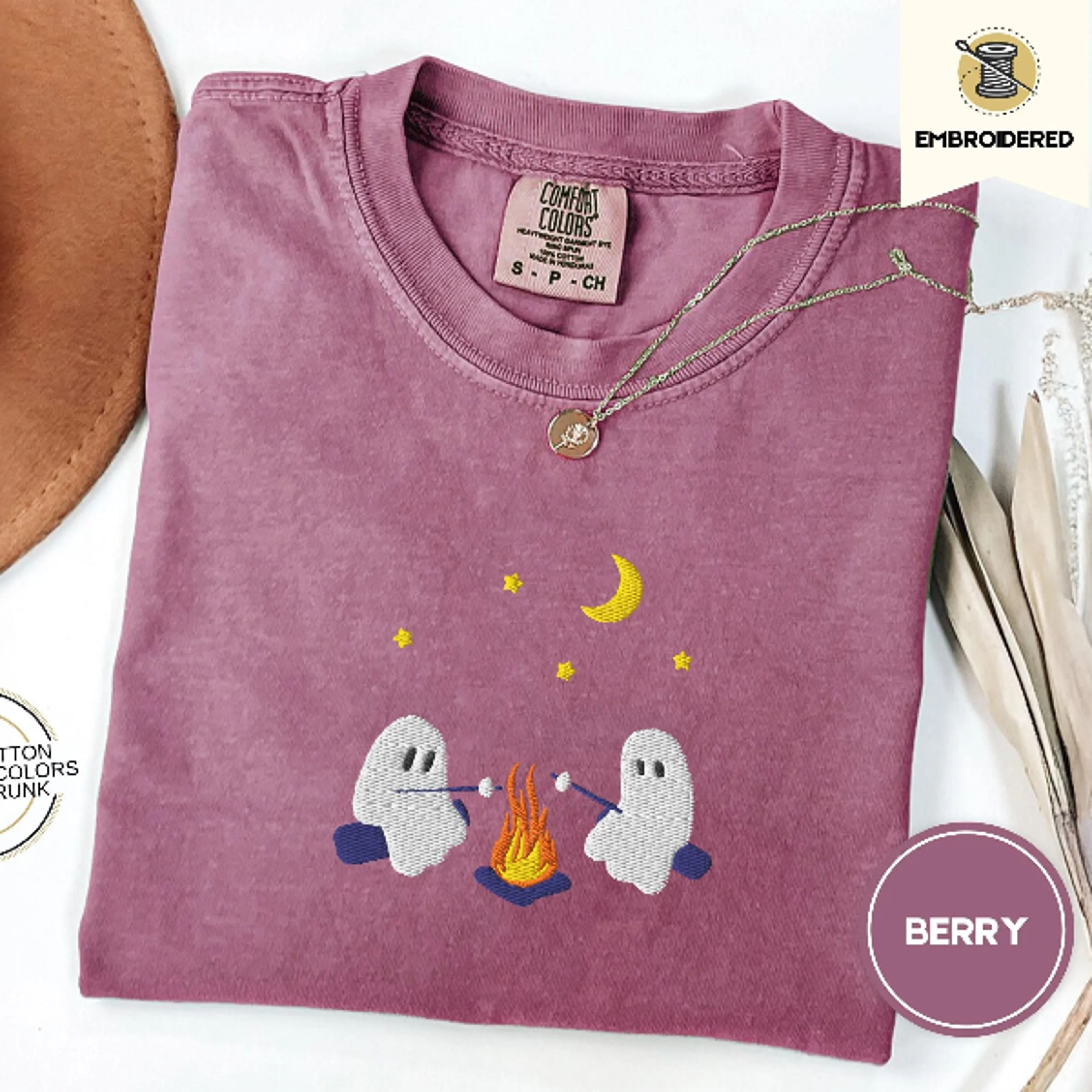 embroidered ghost halloween shirt cute camping ghost tee spooky campfire graphic sweatshirt fall halloween top