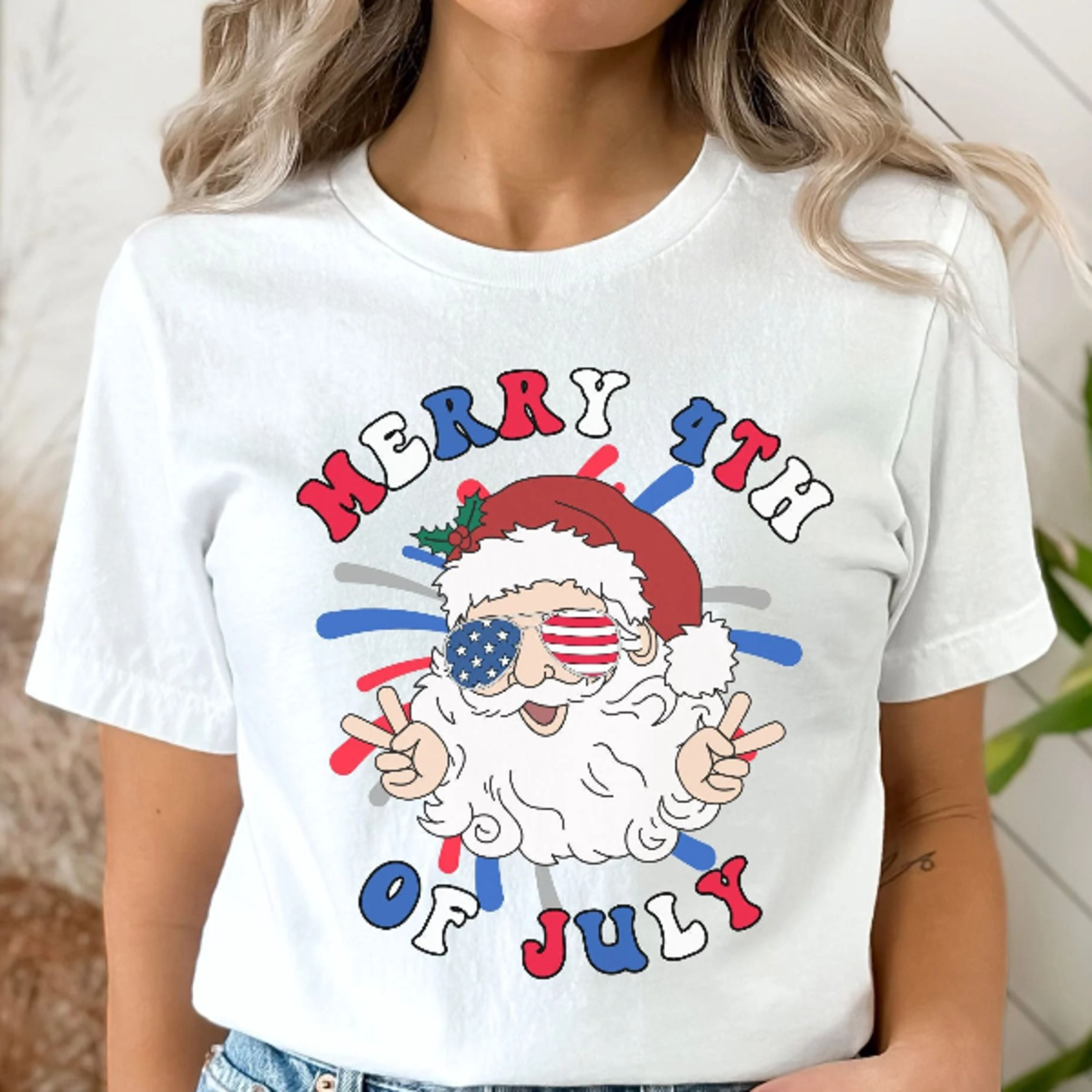 funny christmas in july retro santa 4th of july graphic tee