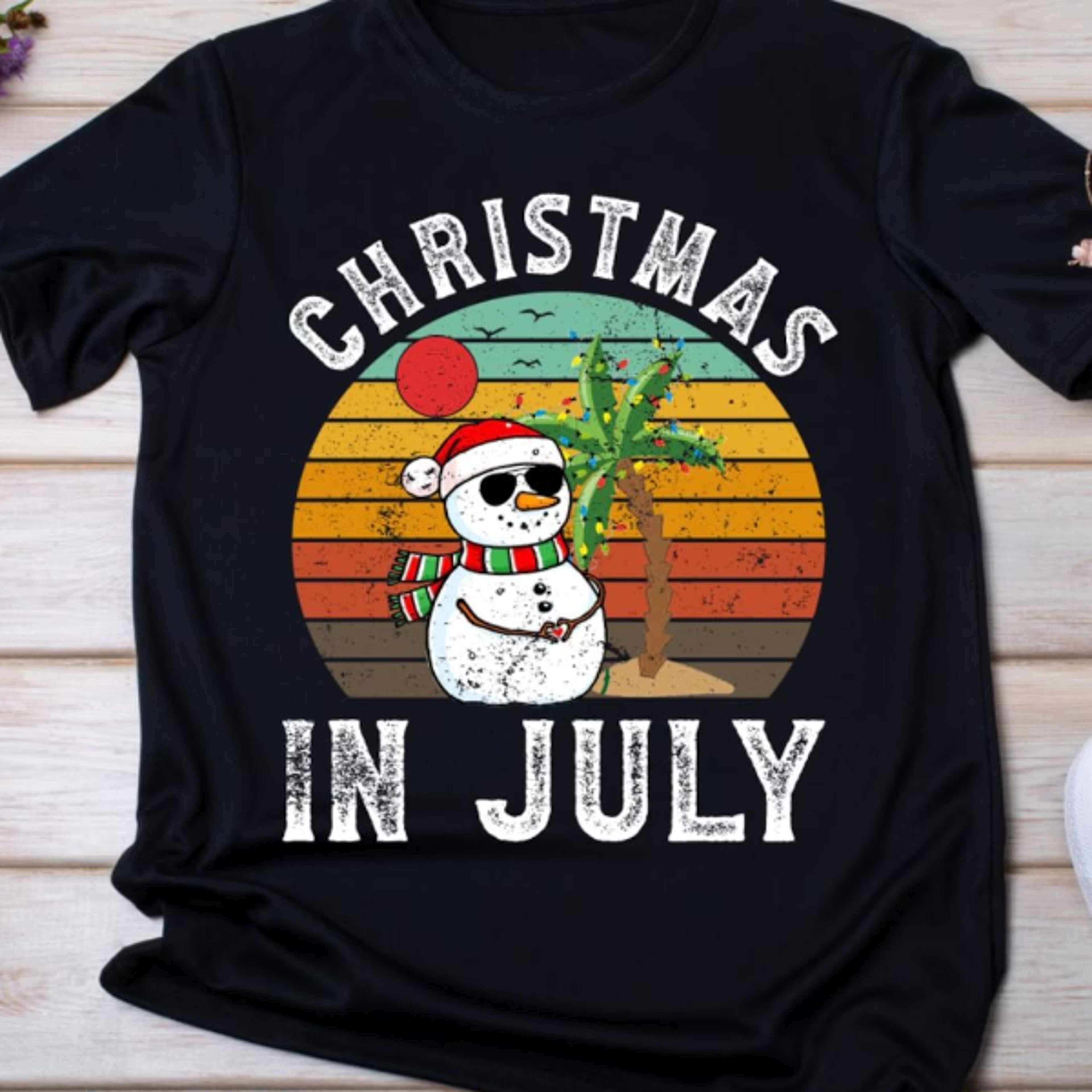 vintage christmas in july snowman summer beach graphic tee
