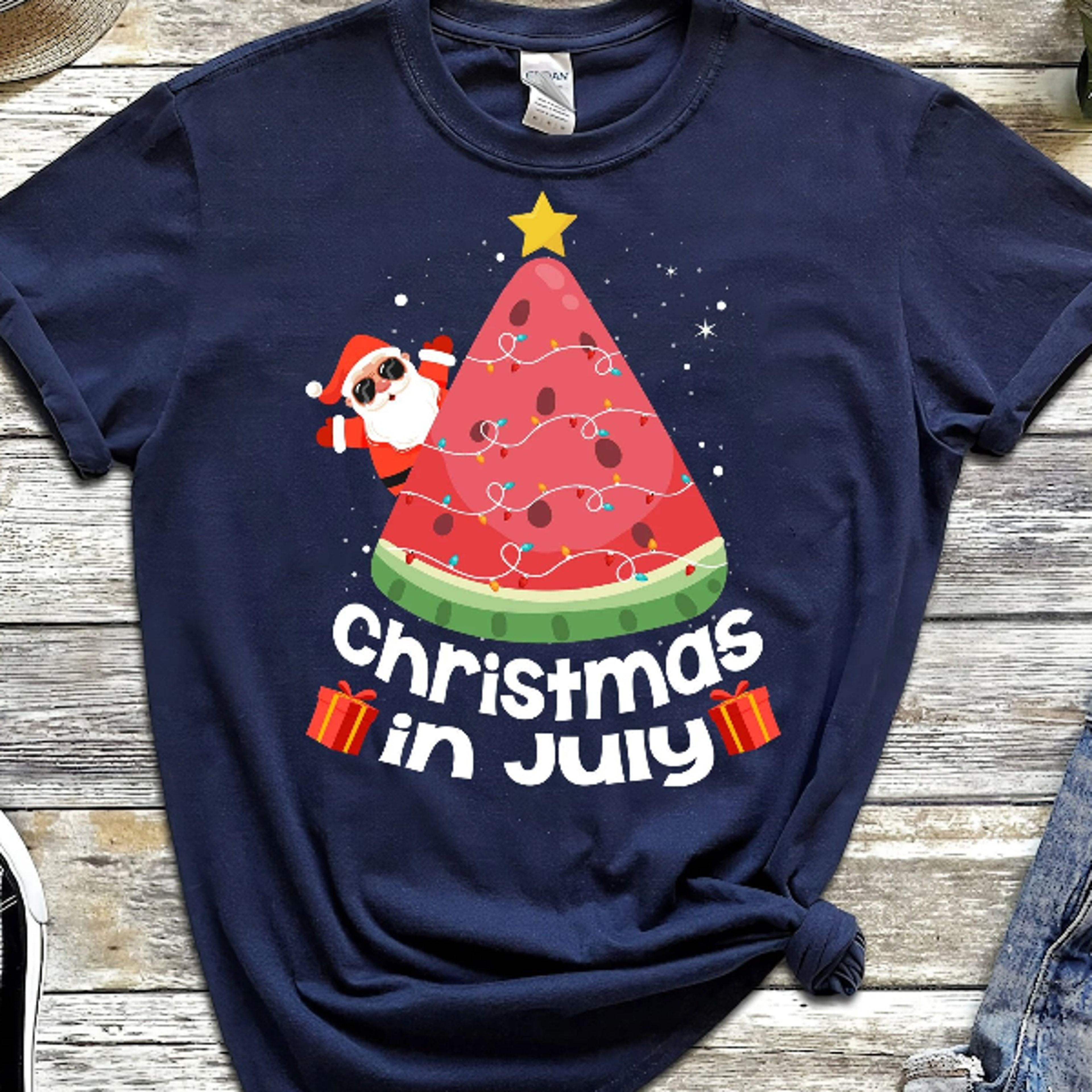 christmas in july watermelon santa summer graphic tee