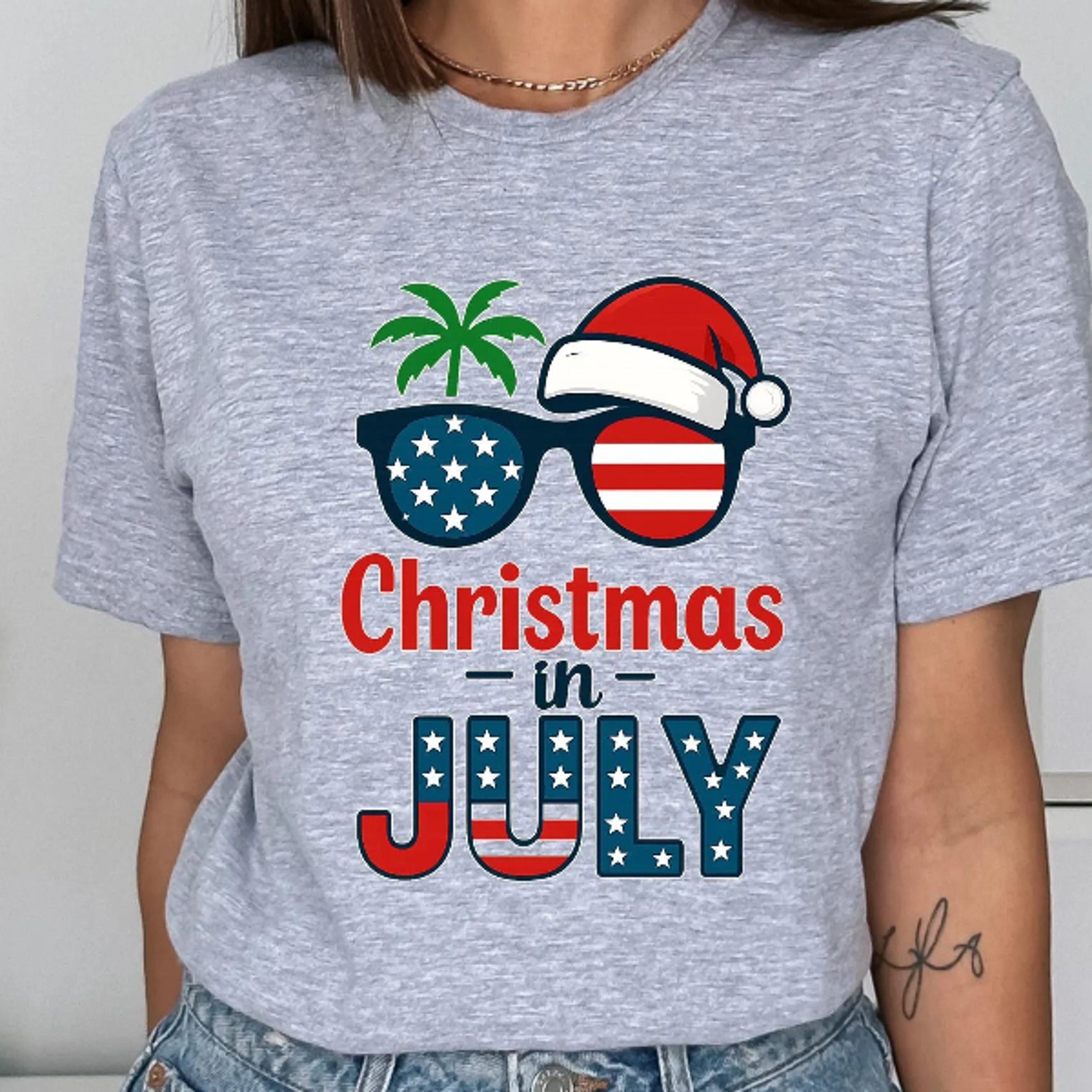 funny christmas in july patriotic santa summer graphic t-shirt