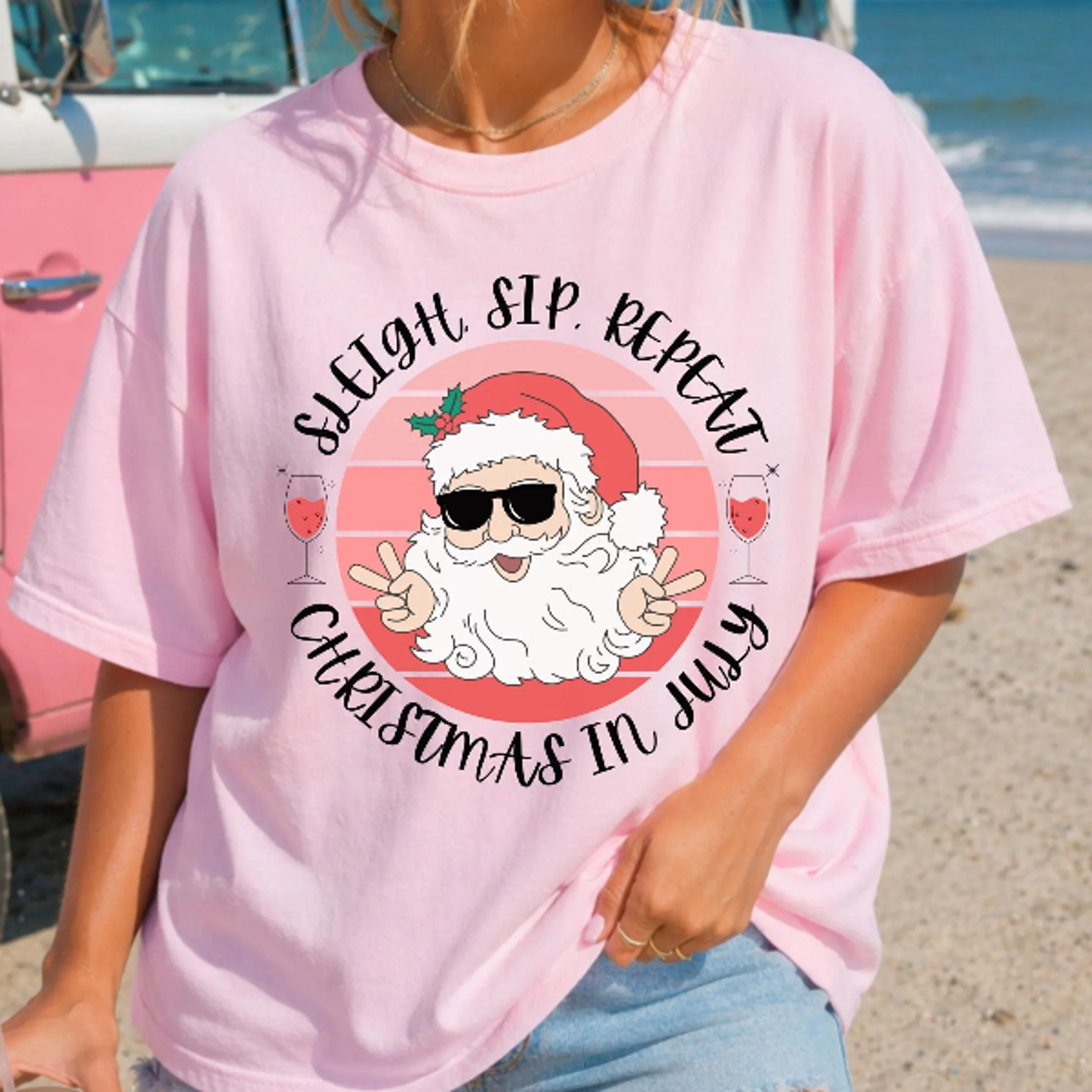 funny christmas in july retro santa wine summer graphic tee