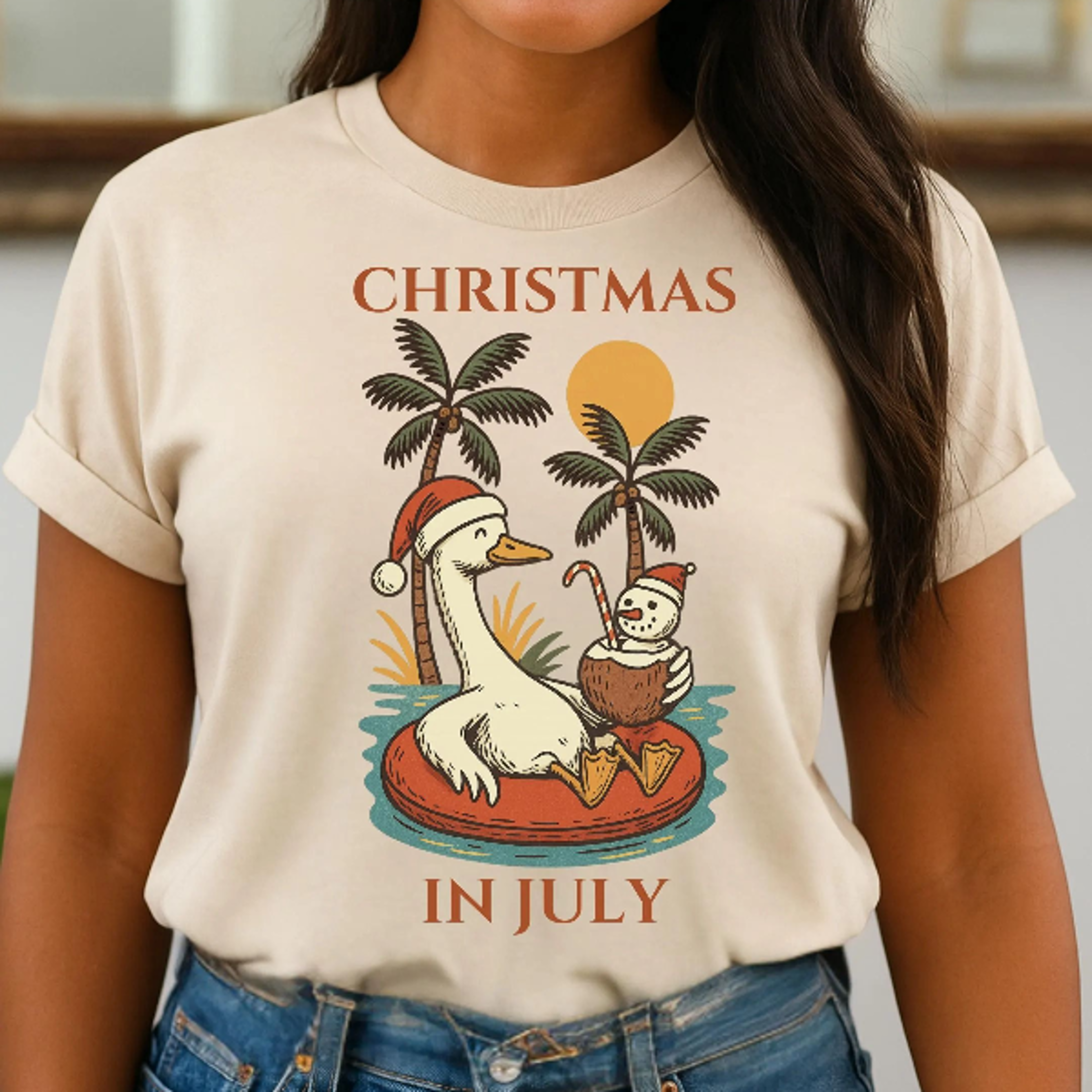 christmas in july goose tropical snowman holiday graphic tee