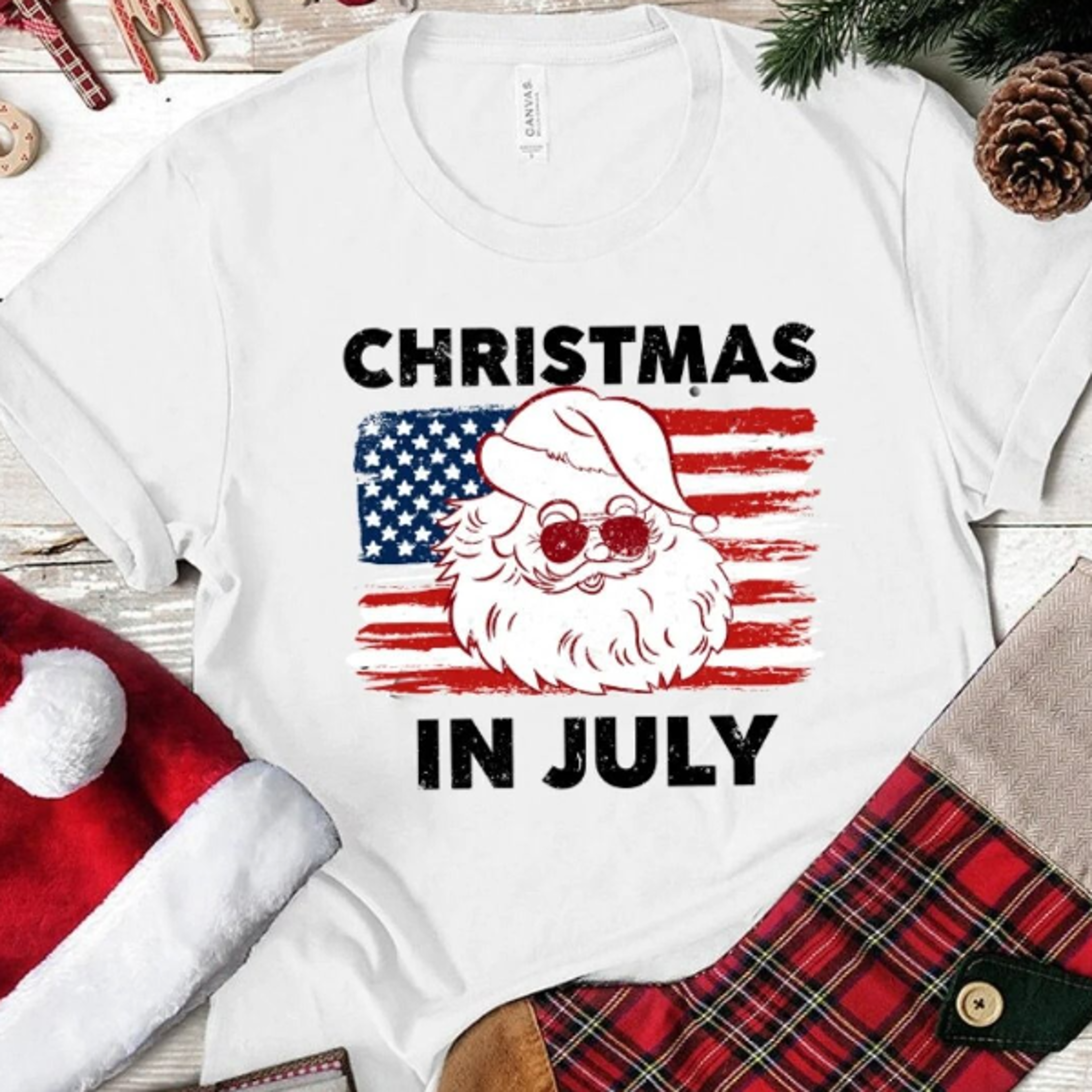 christmas in july usa flag santa summer vacation graphic tee