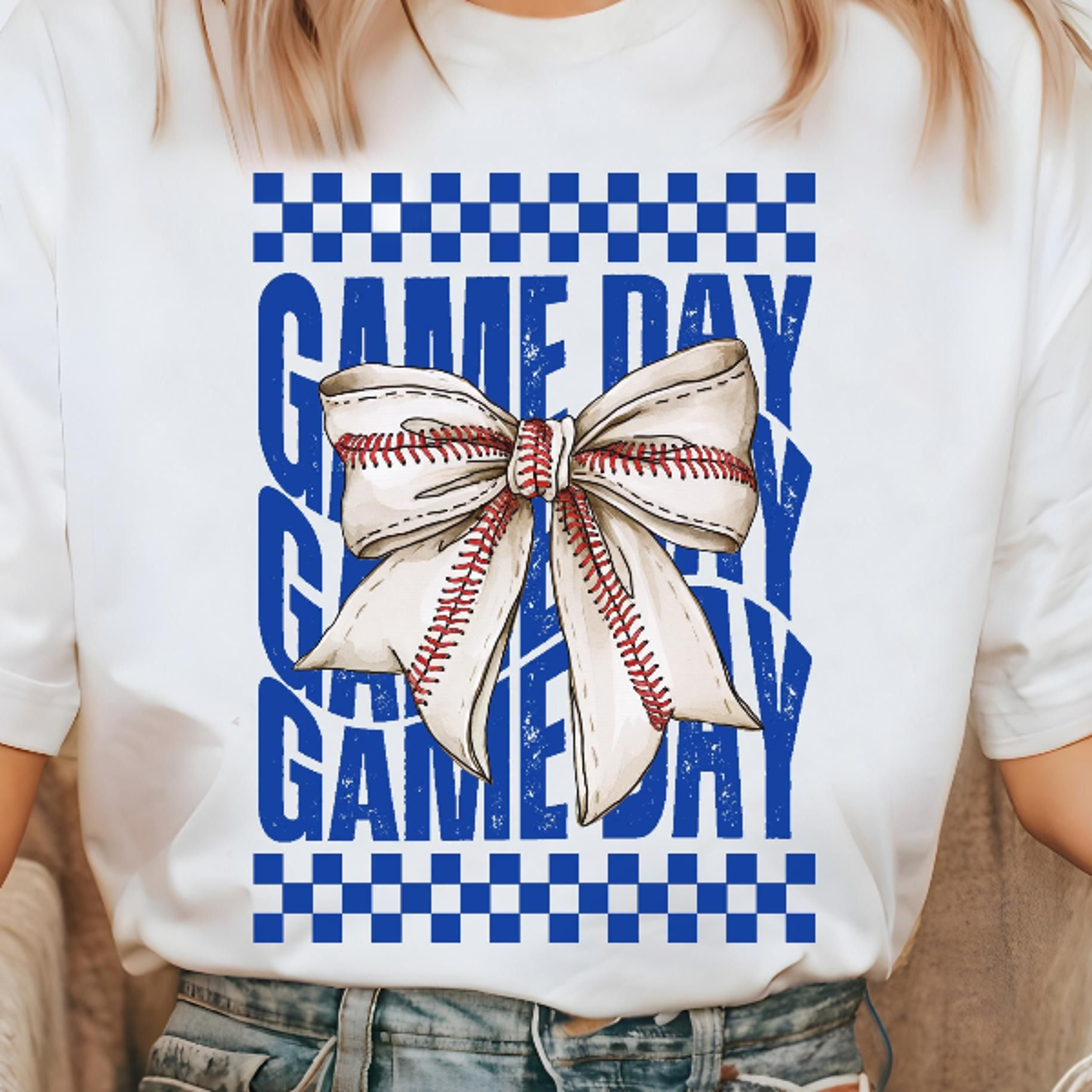 game day baseball shirt, royal blue coquette bow tee, team mascot baseball mom shirt