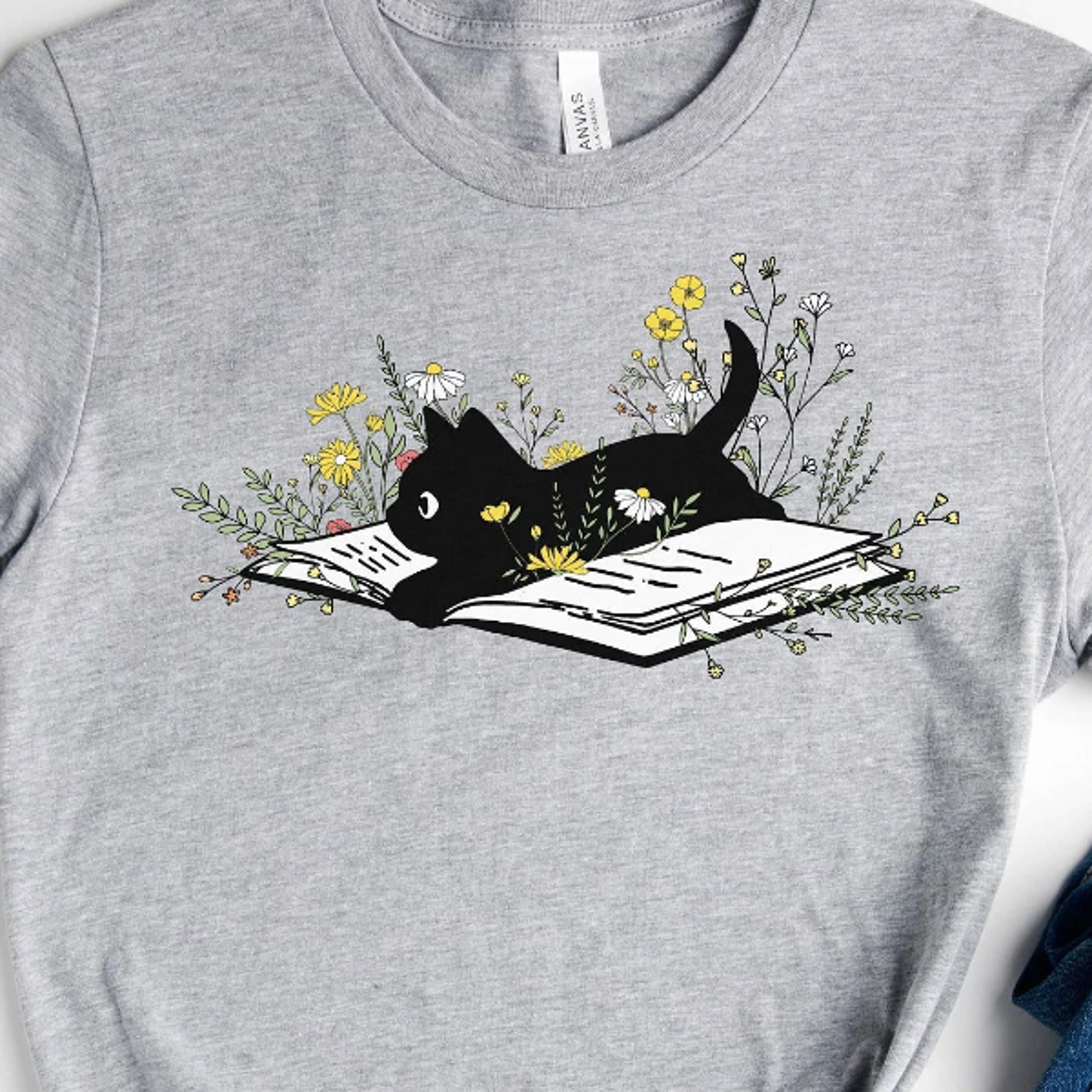 floral cat shirt, cat lover tee, book cat shirt, cute cat mom shirt, cat lover gift, gift for her, cat graphic t-shirt