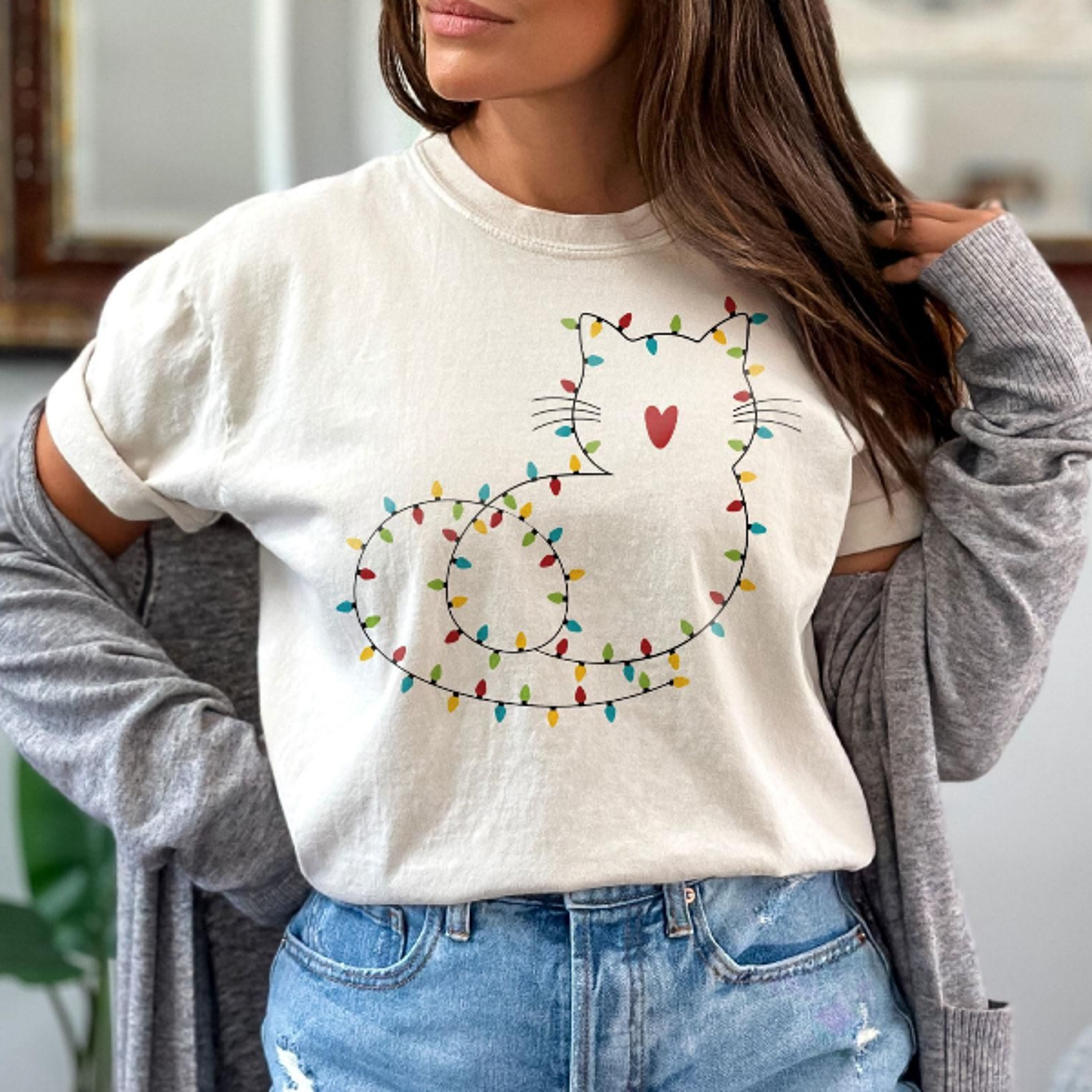 cat christmas lights shirt, cute cat christmas shirt, cat mom christmas gift, funny christmas t-shirt