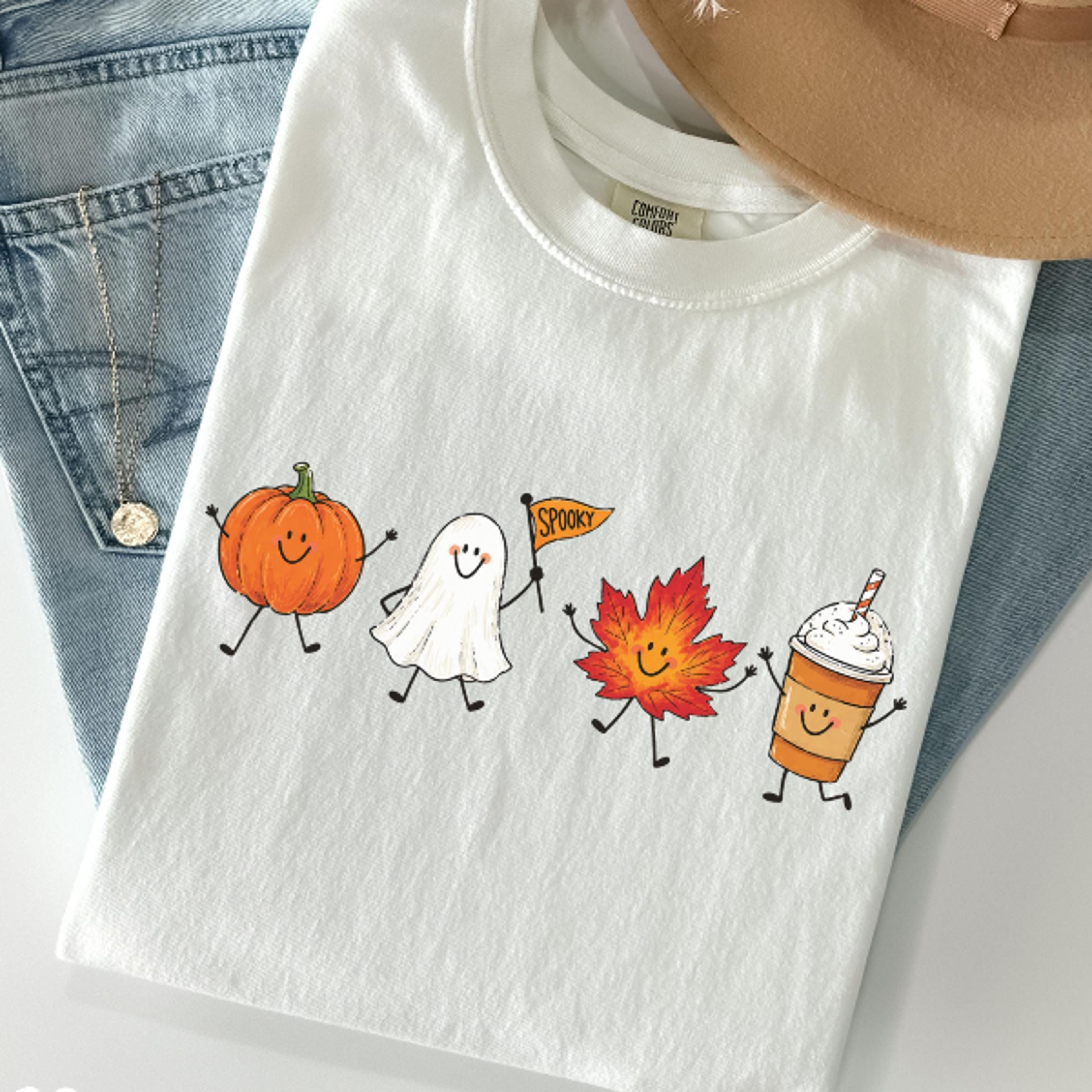 fall doodle shirt | cozy autumn vibes tee | spooky season pumpkin ghost graphic t-shirt