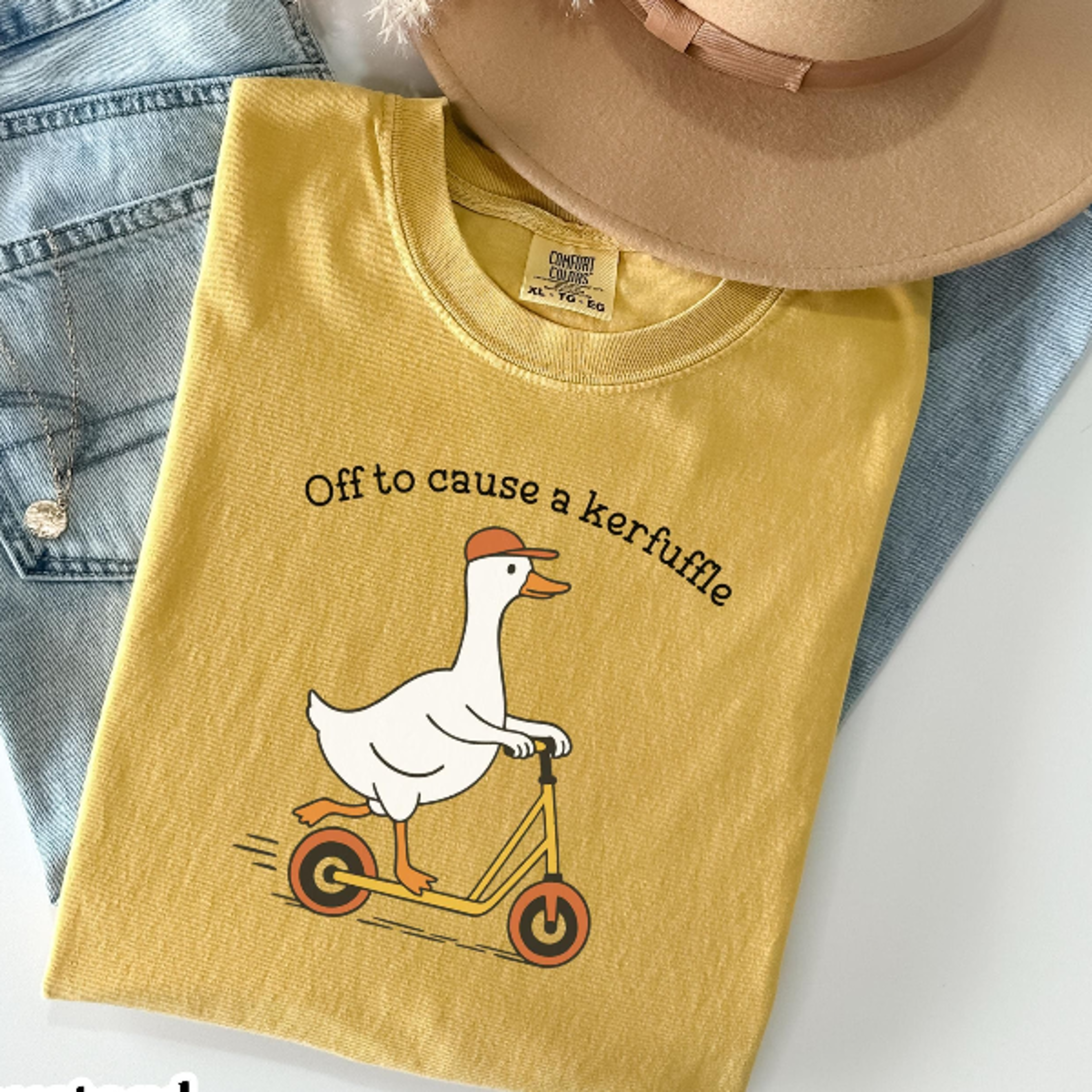 off to cause a kerfuffle shirt | funny goose scooter tshirt | sarcastic animal graphic tee