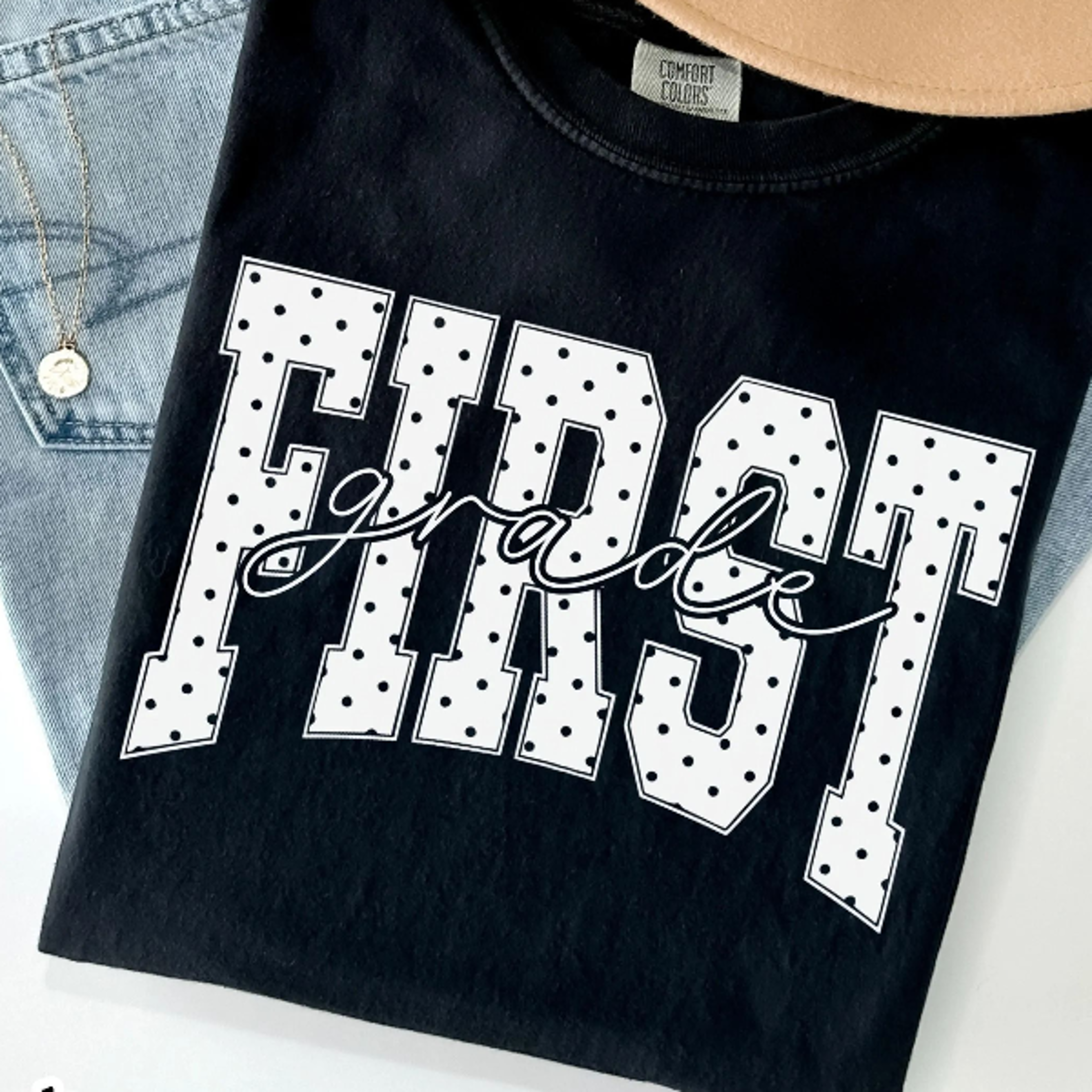 blue polka dots first grade teacher shirt | first grade shirt | cottagecore back to school tee