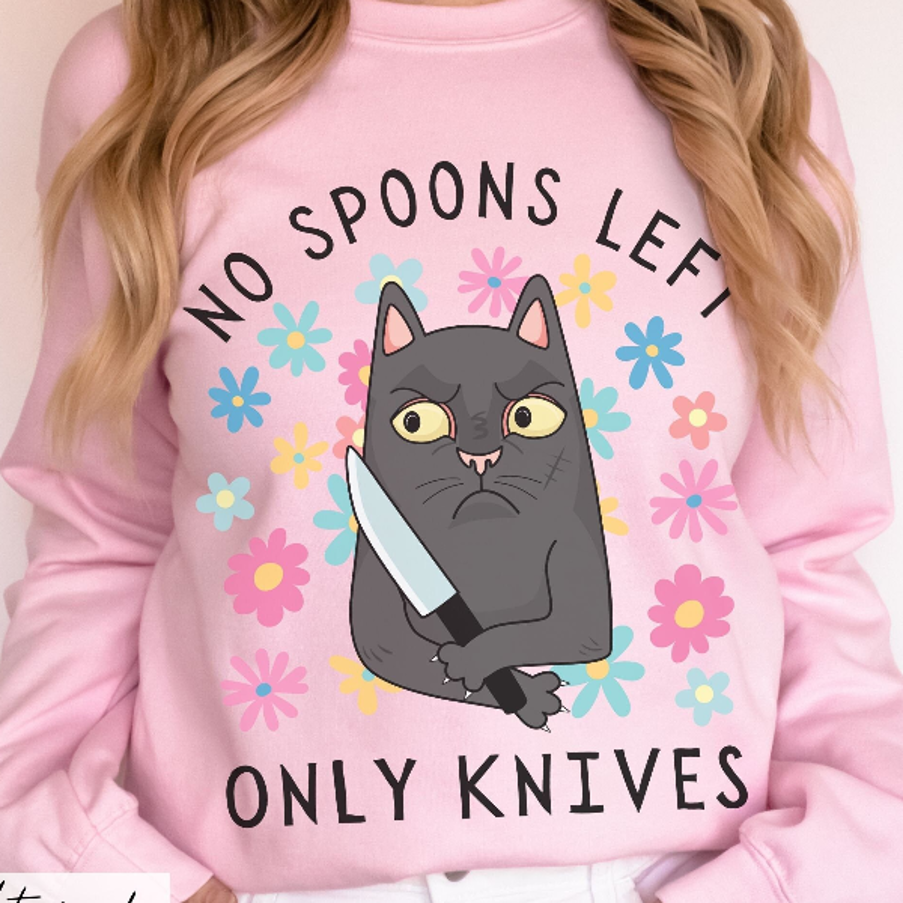 funny cat no spoons left only knives sweatshirt spoonie humor mental health awareness crewneck cozy graphic sweater