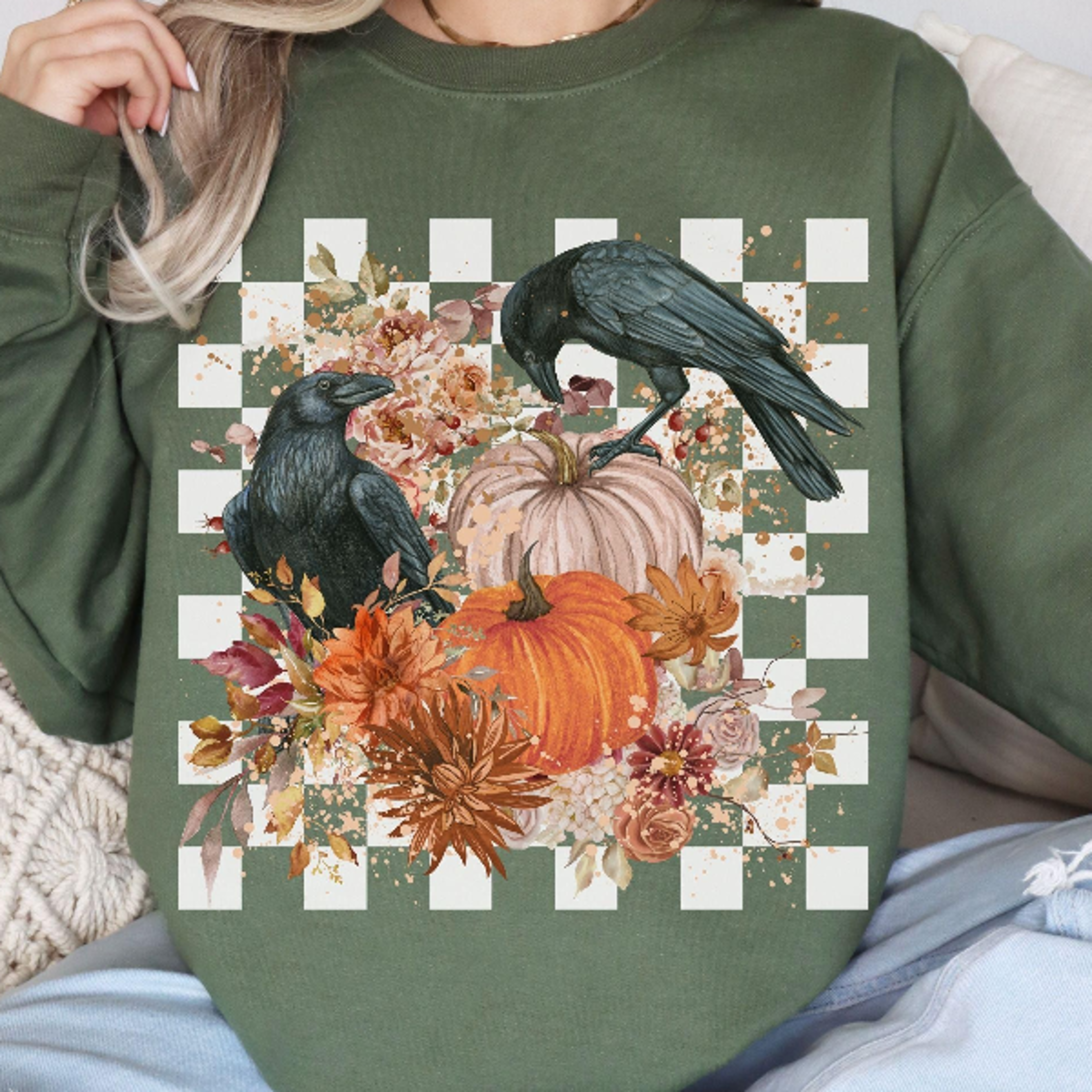 retro crow pumpkin sweatshirt checkered floral fall crewneck vintage autumn graphic sweater cozy