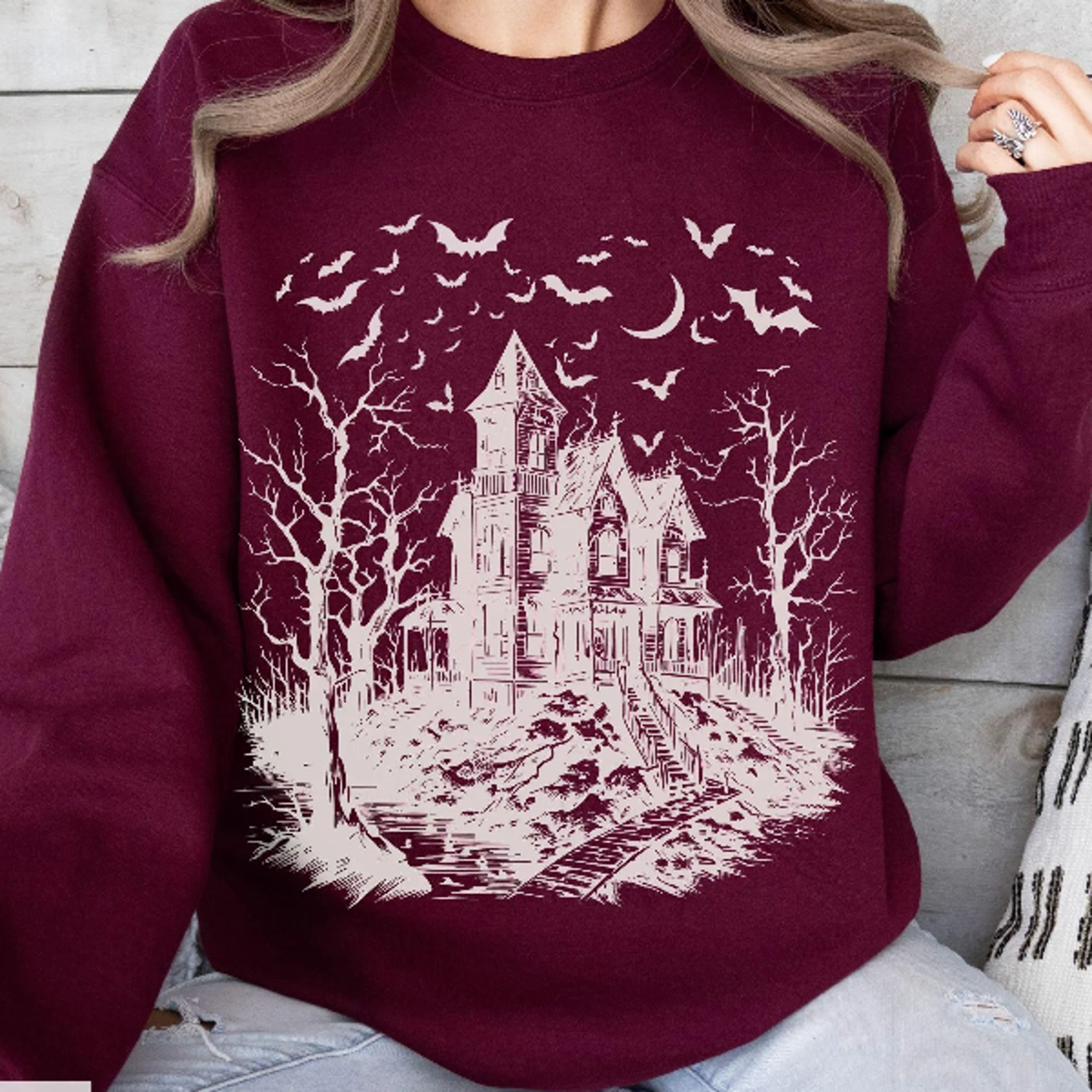 haunted house halloween sweatshirt bats and spooky trees crewneck cozy gothic fall sweater spooky