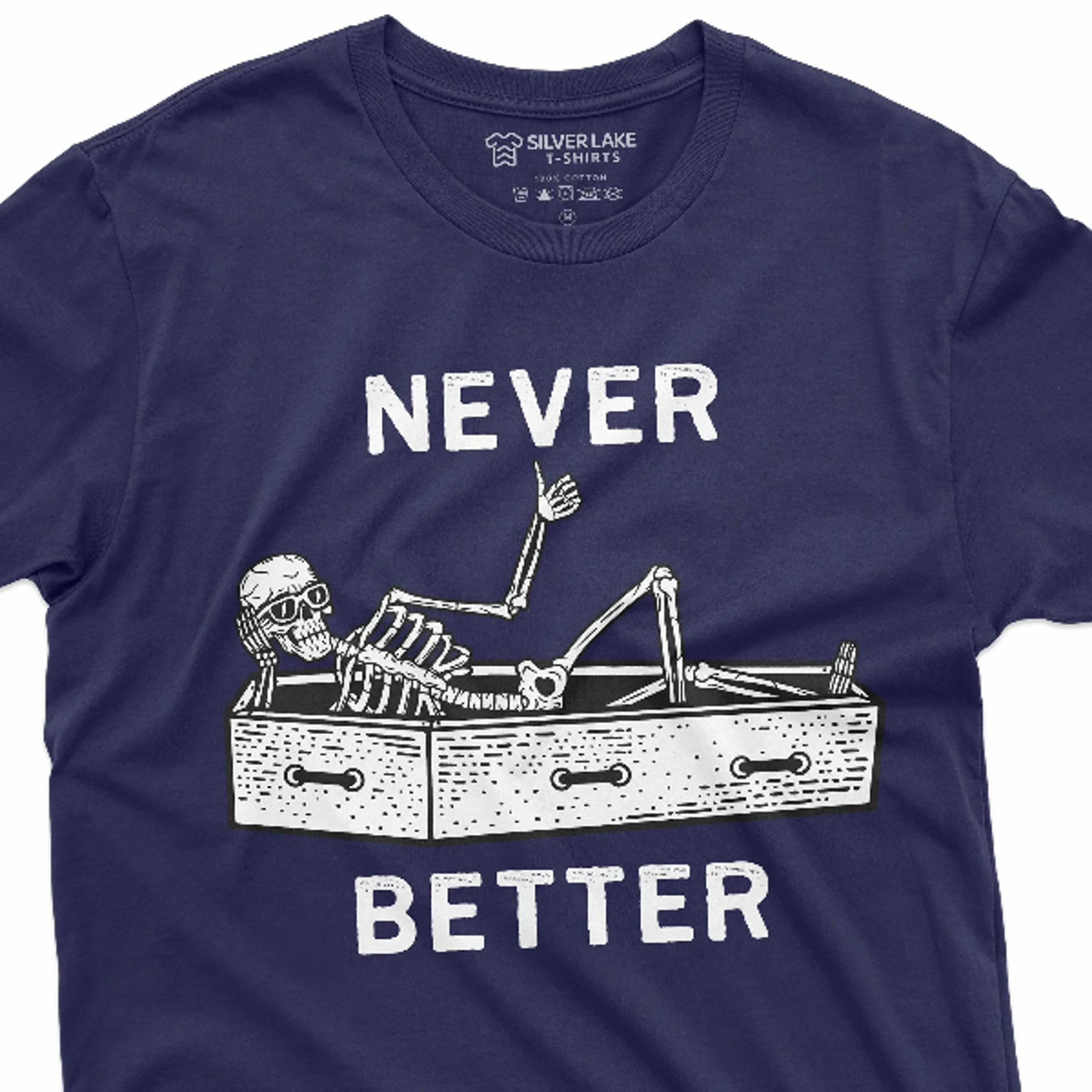 never better funny halloween skeleton t-shirt mens womens unisex skeleton in coffin tee shirt humor halloween party outf