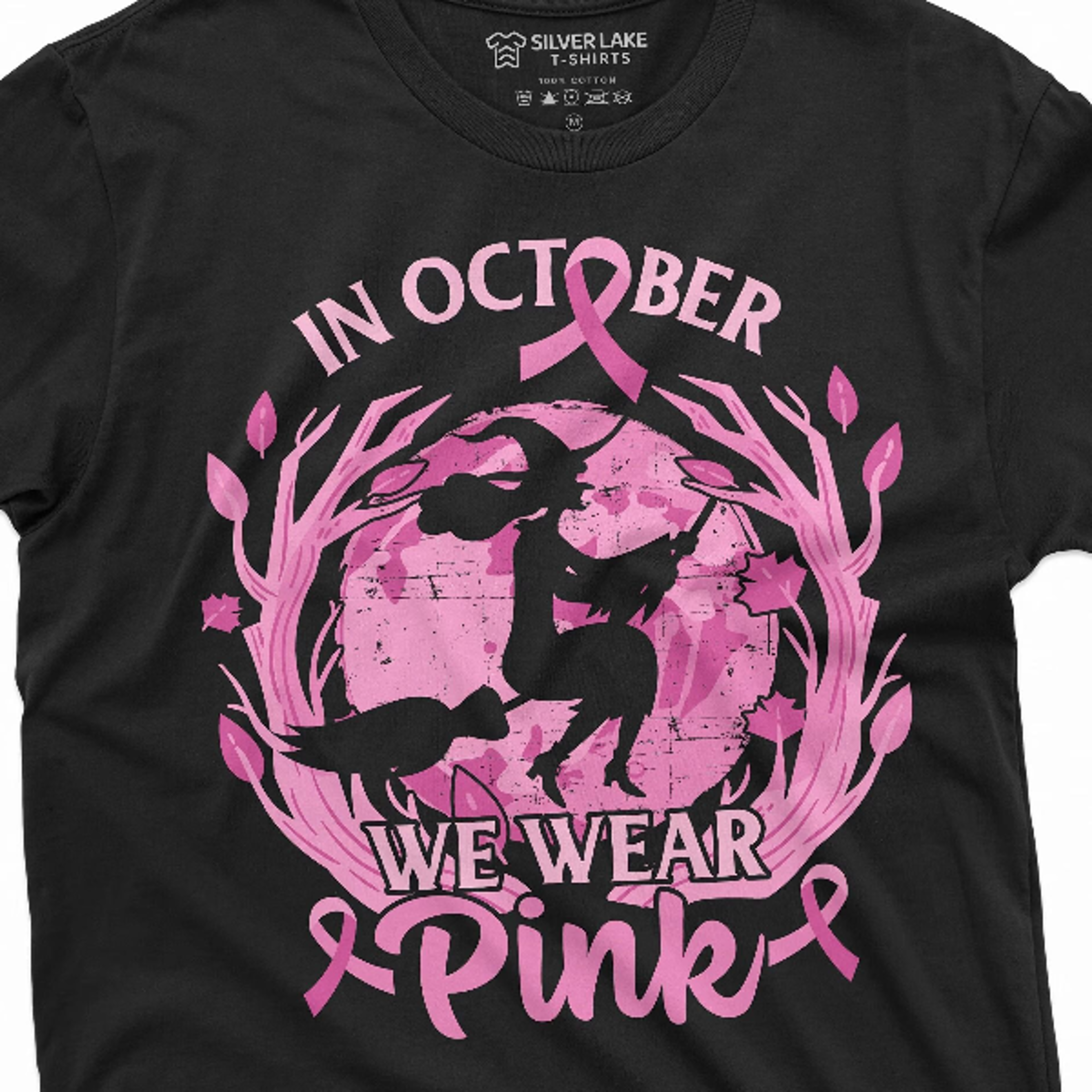 in october we wear pink cancer awareness month t-shirt halloween witch wearing pink awareness tee