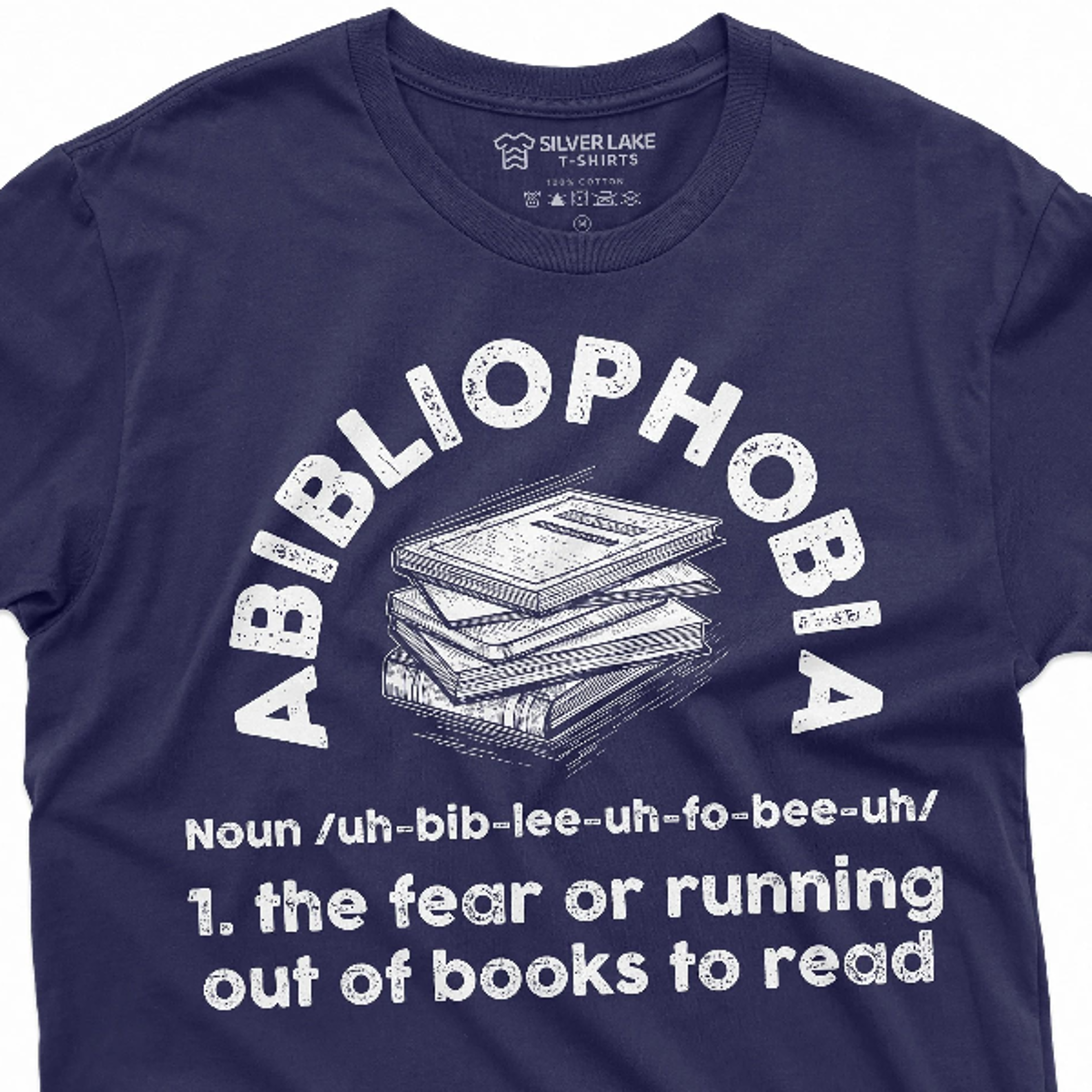 book lover t-shirt abibliophobia fear of running out of books to read humorous birthday gift books library funny t-shirt