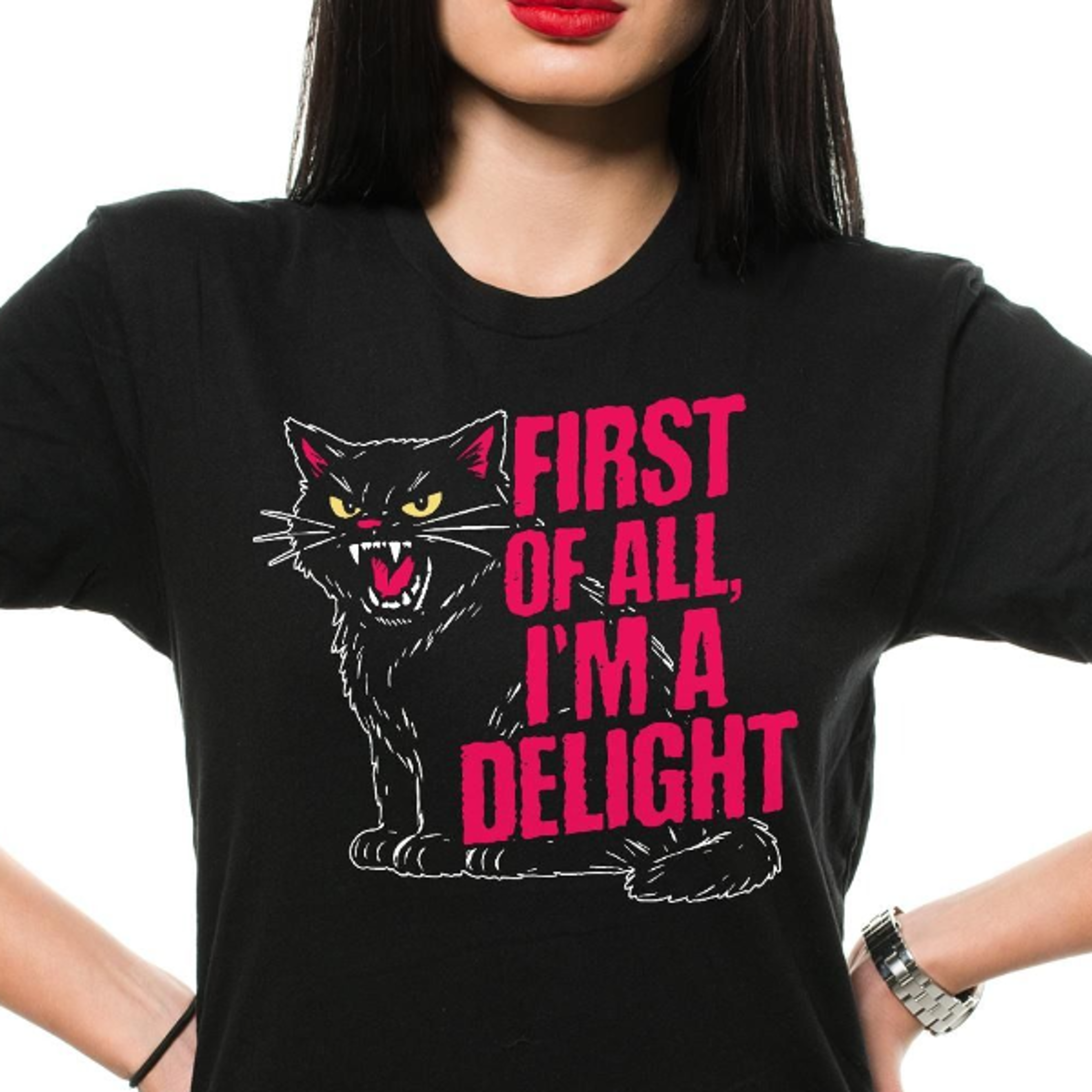 funny cat t-shirt first of all i'm a delight angry cat humorous tee shirt