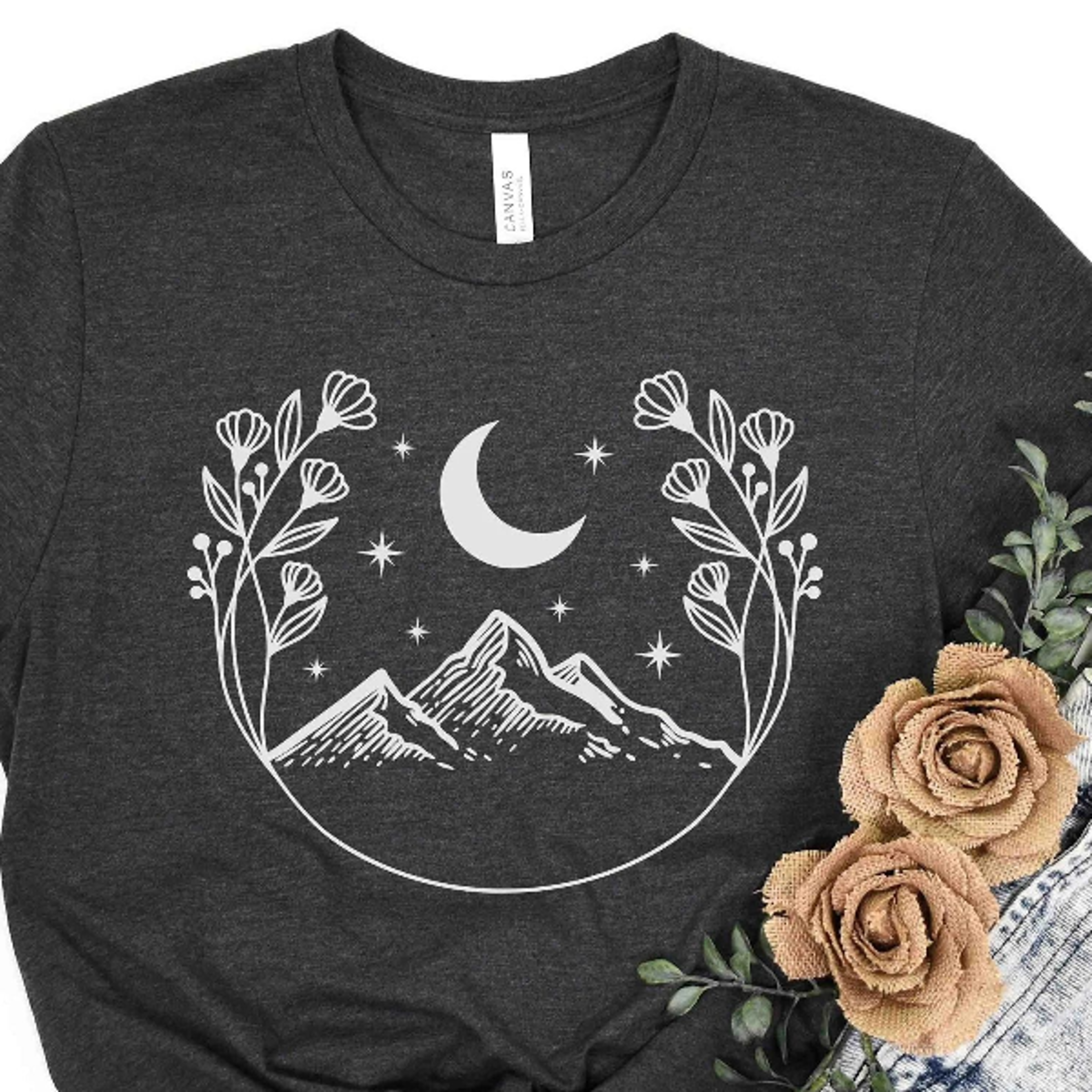 mountain flower shirt, mystical moon mountains shirt, floral wreath mountains shirt, celestial moon flowers shirt, summe