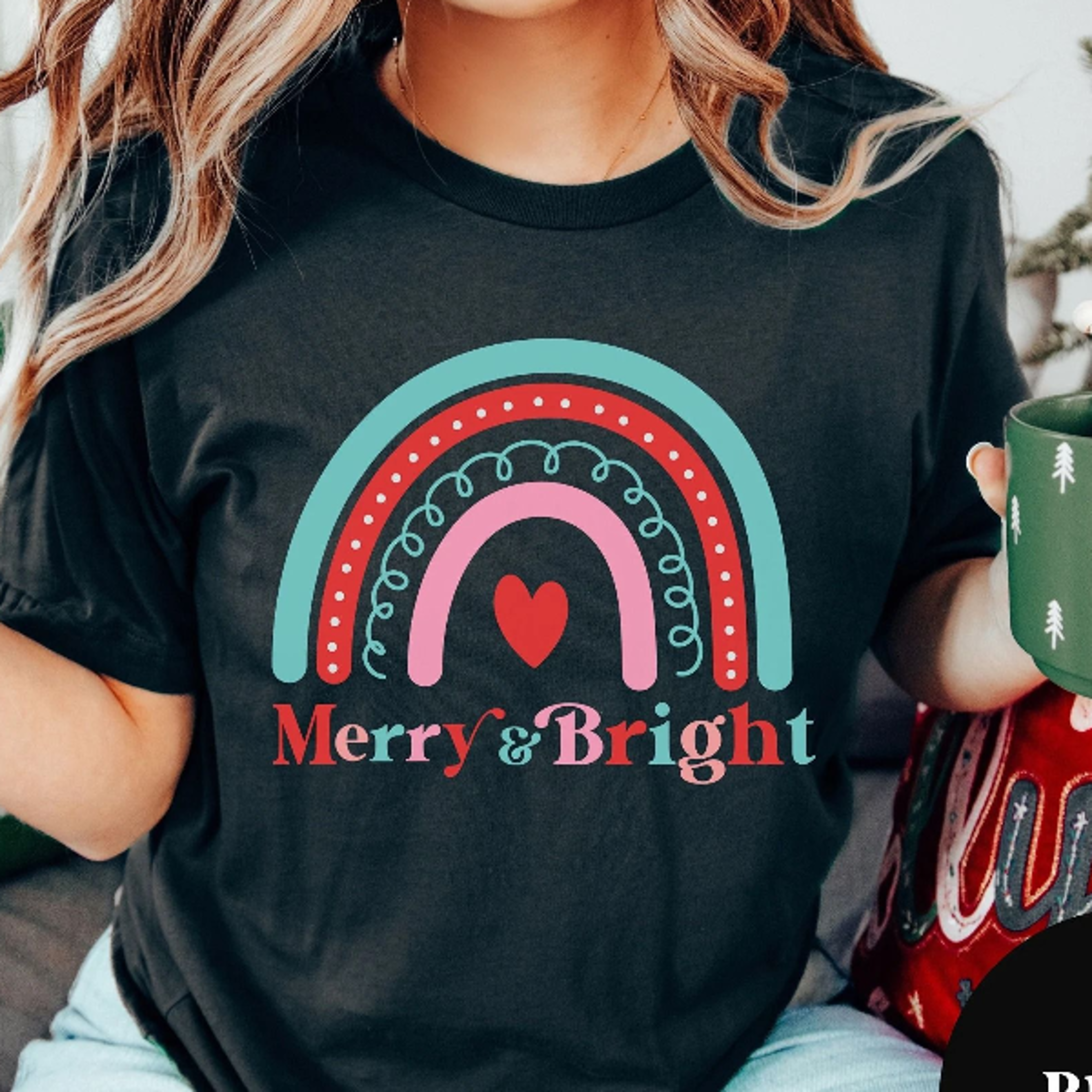 merry and bright christmas rainbow t-shirt, merry and bright tee, christmas graphic tees, boho rainbow christmas, christ