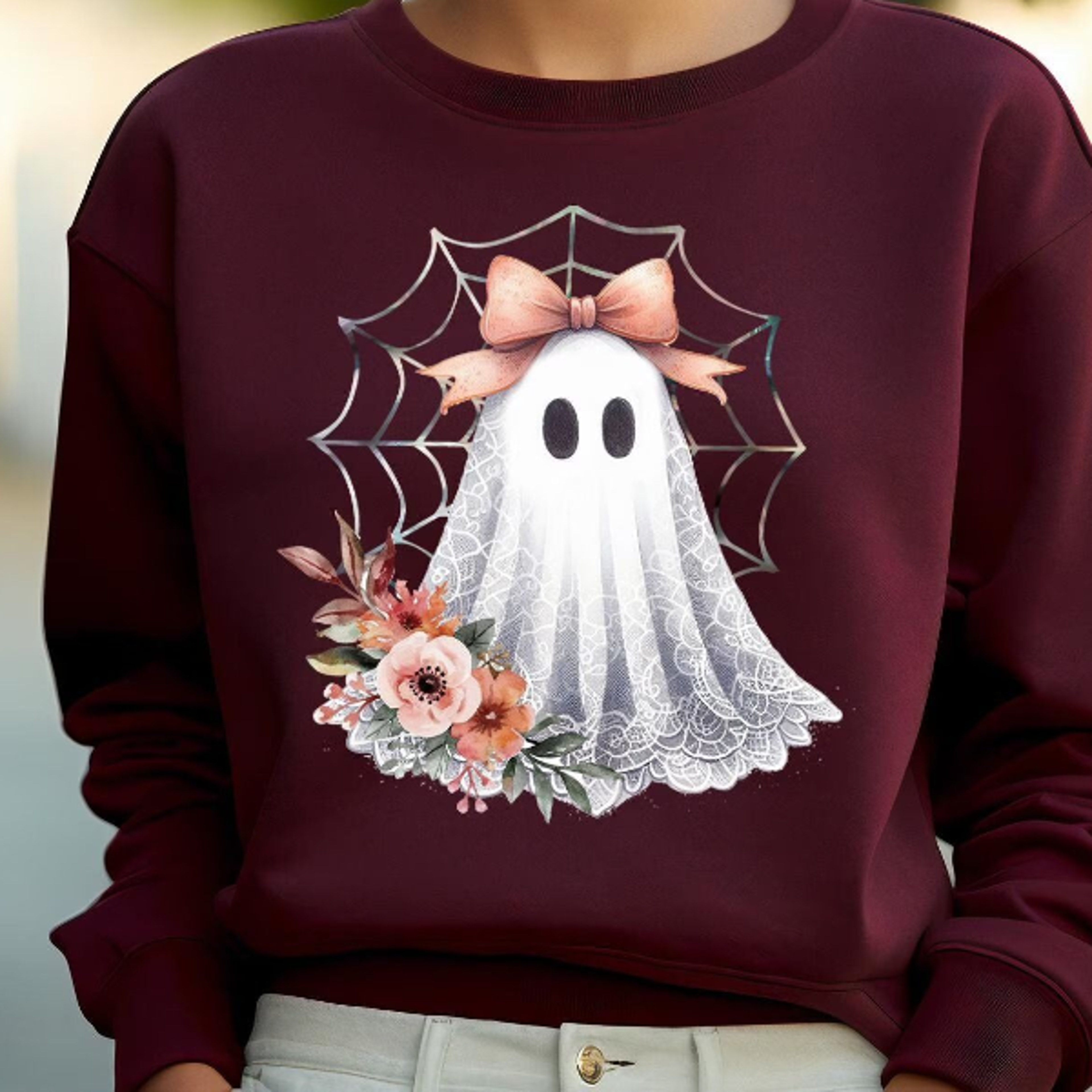 halloween lace ghost sweatshirt cute floral ghost sweater coquette bow spooky fall graphic tee lacey ghost shirt