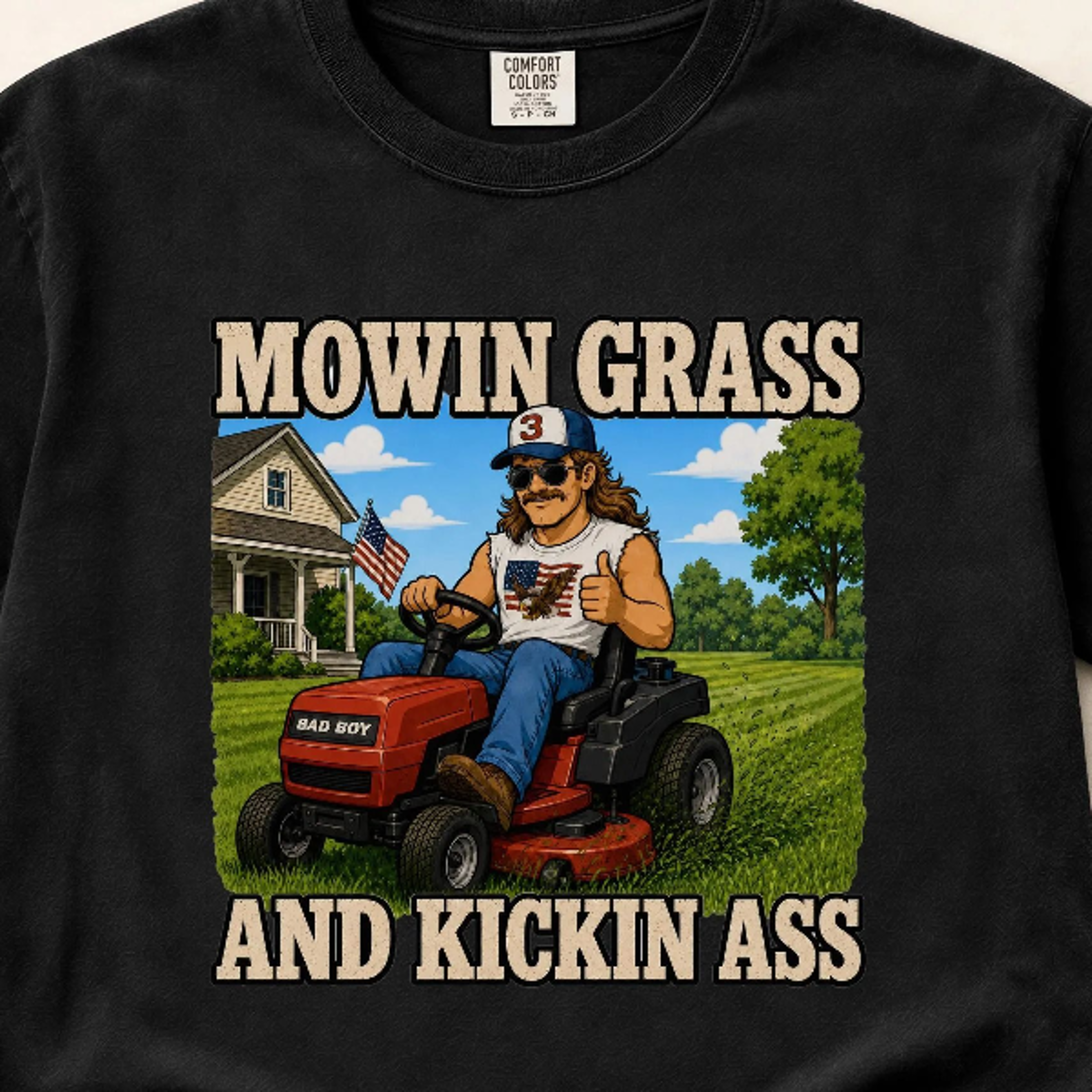 mowin grass and kickin ass t-shirt | lawn mower graphic