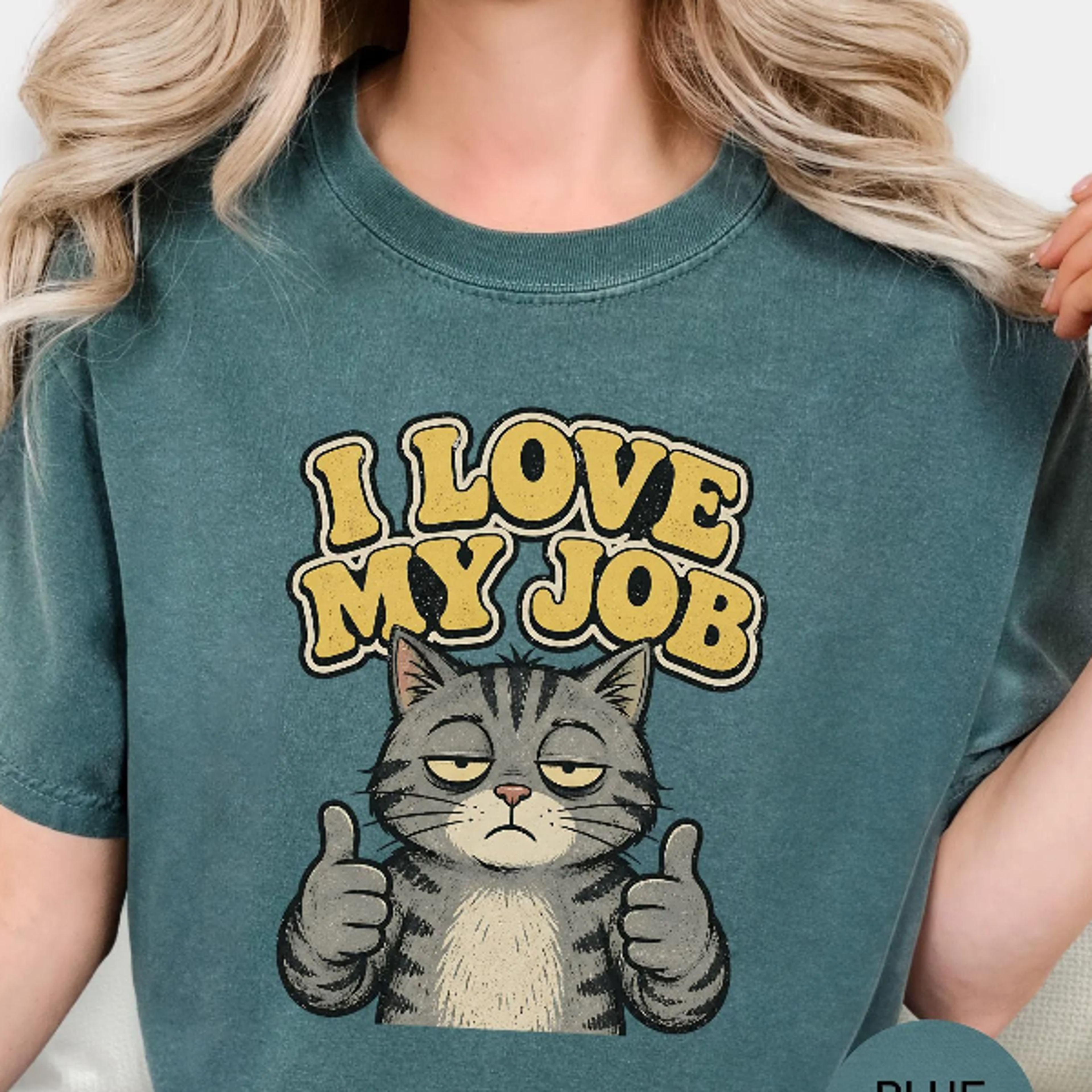 i love my job cat thumbs up t-shirt | funny tired cat work shirt