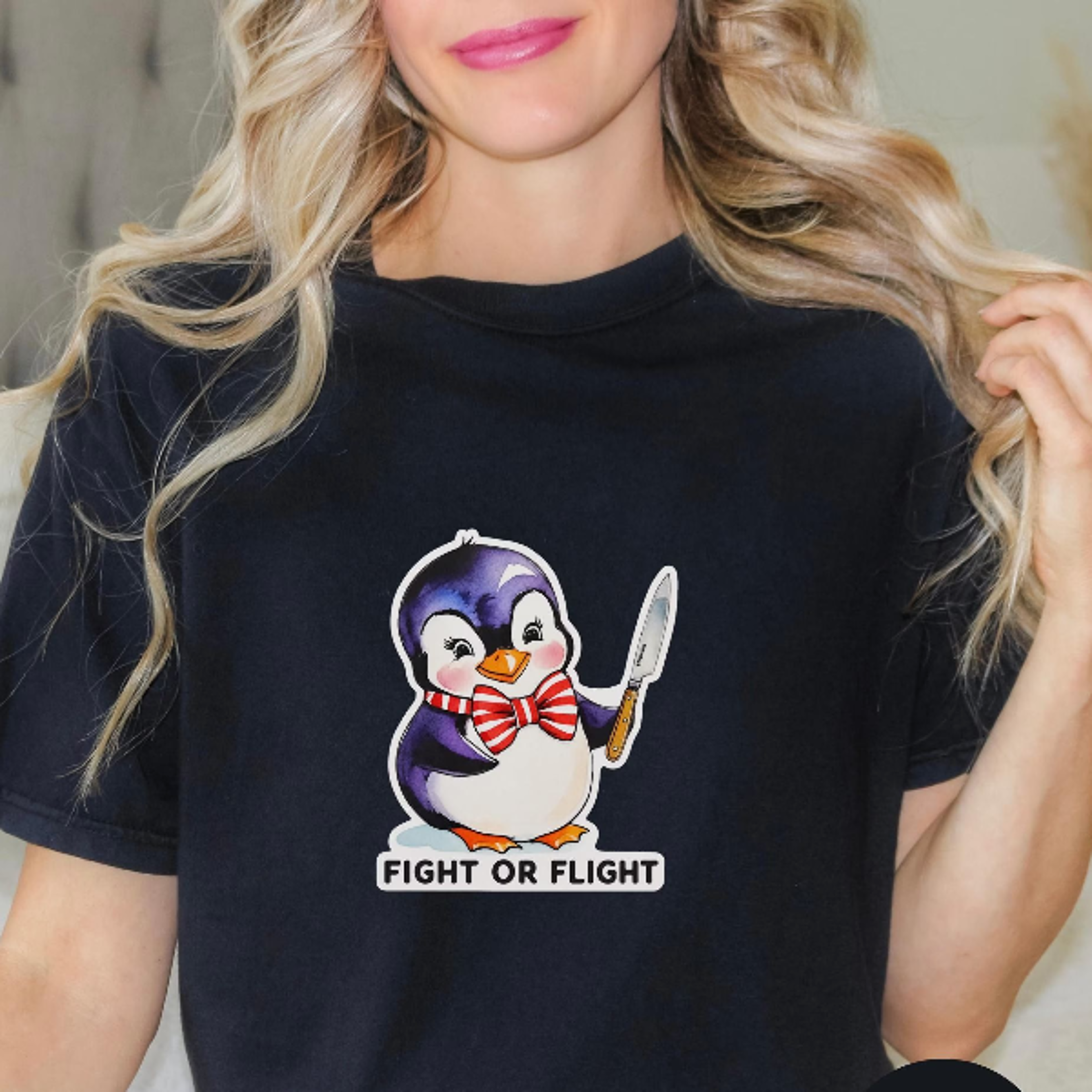 penguin 'fight or flight' t-shirt | funny penguin holding knife, pun graphic