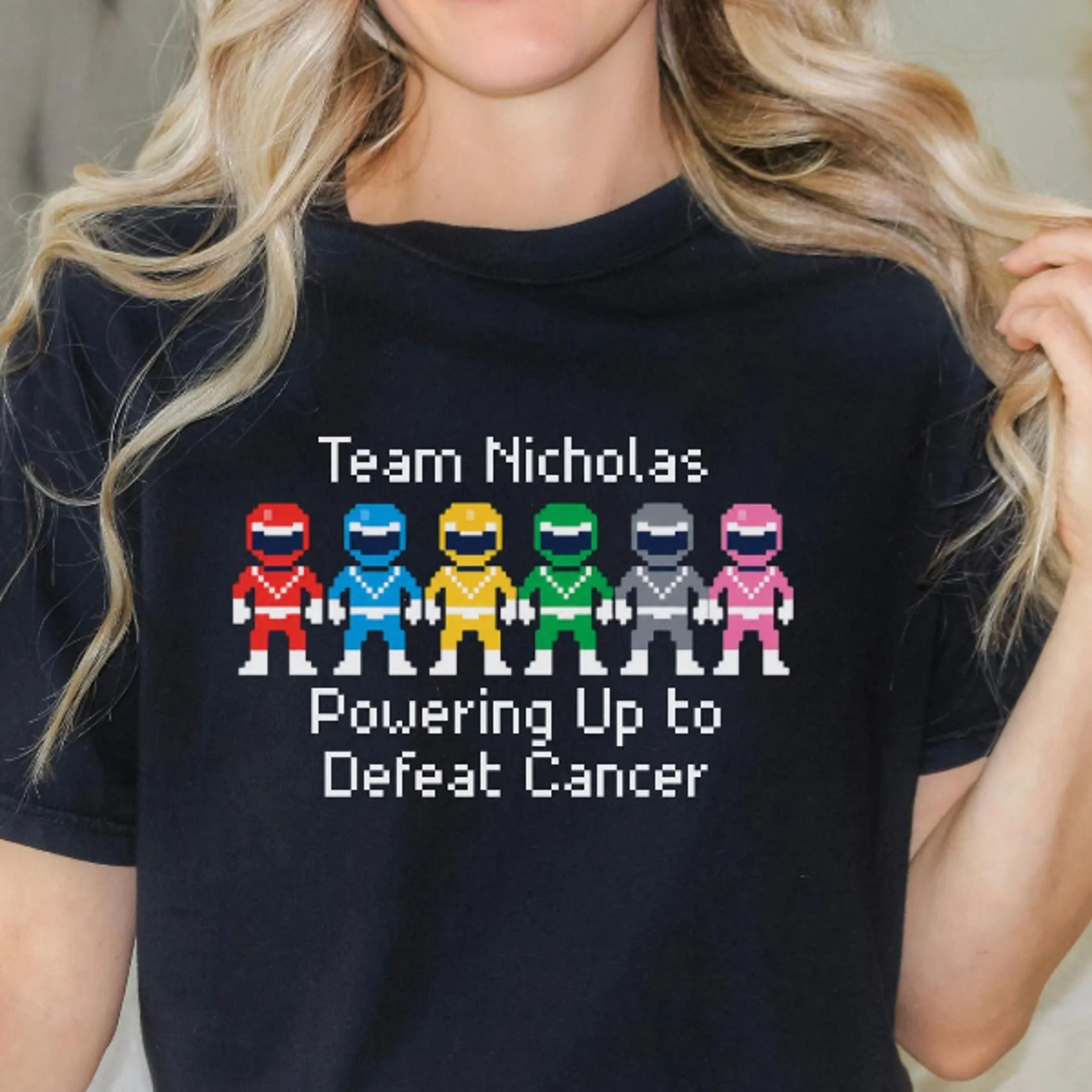 custom retro pixel hero squad team (name) t-shirt | powering up to defeat cancer