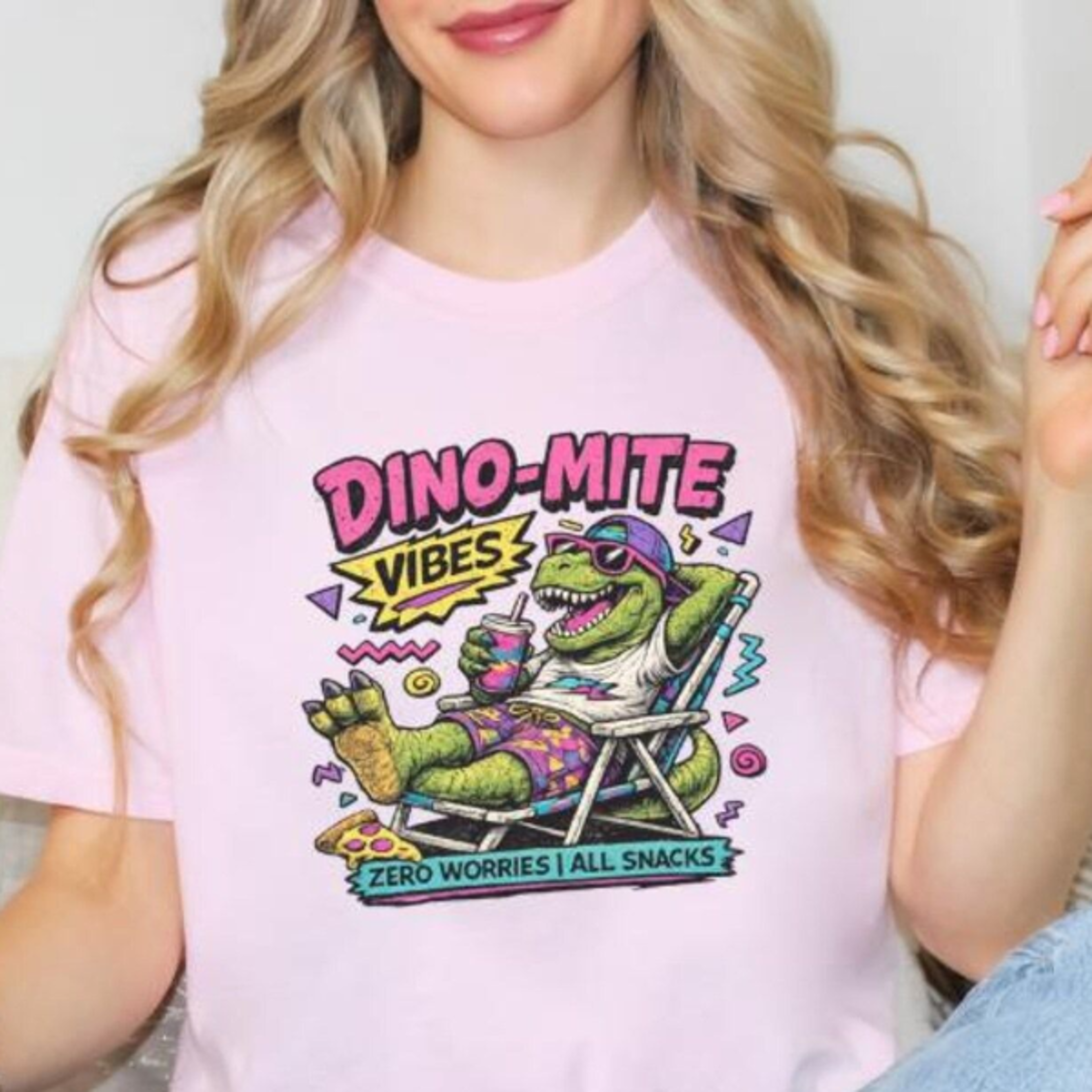 retro 90s dino-mite t-shirt | dinosaur, 'zero worries all snacks'